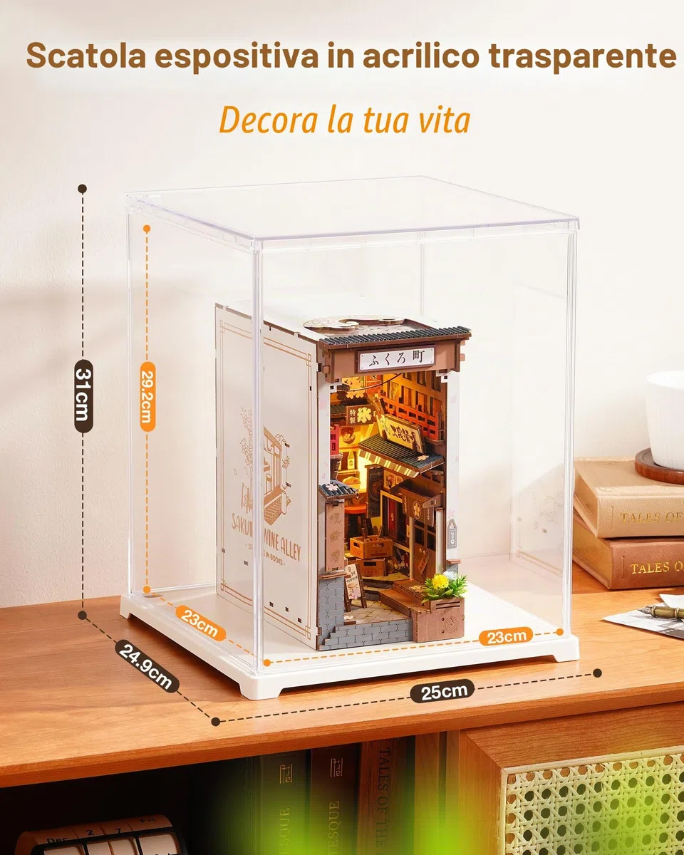 Rolife Vetrina in Acrilico con Passacavo Scatola Espositiva Trasparente per Book Nook, Puzzle 3D, Action Figure e Modelli Miniatura LED (23x23x29,2 cm)
