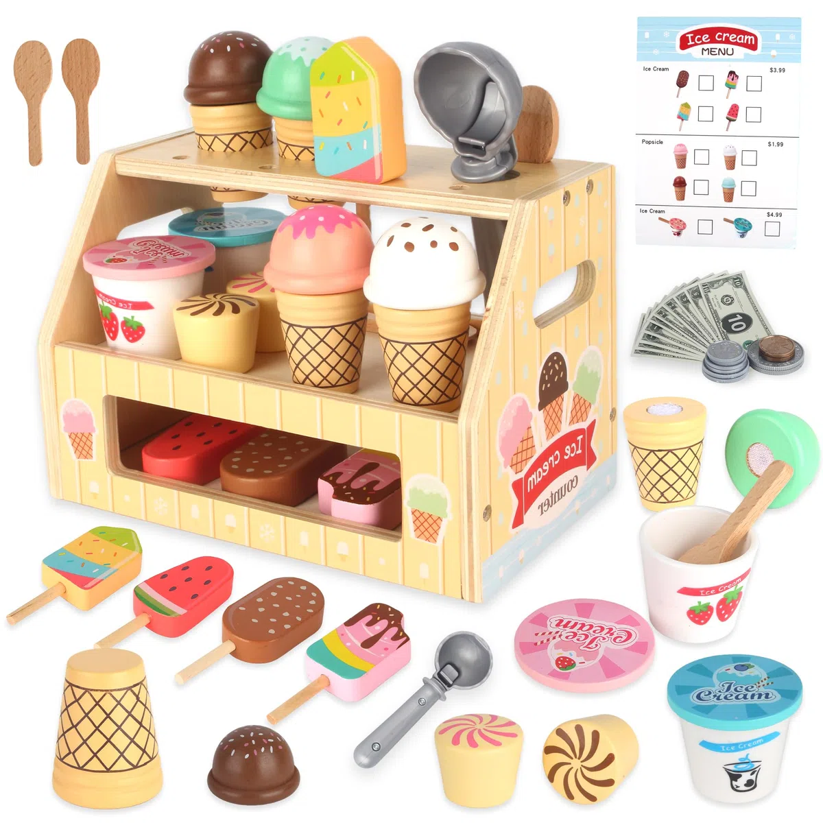 Carretto Gelati Giocattolo in legno per bambini,set gelateria 36 pezzi con espositore e monete, Carretto Gelati Giocattolo per gioco di ruolo educativo per bambini da 3 anni