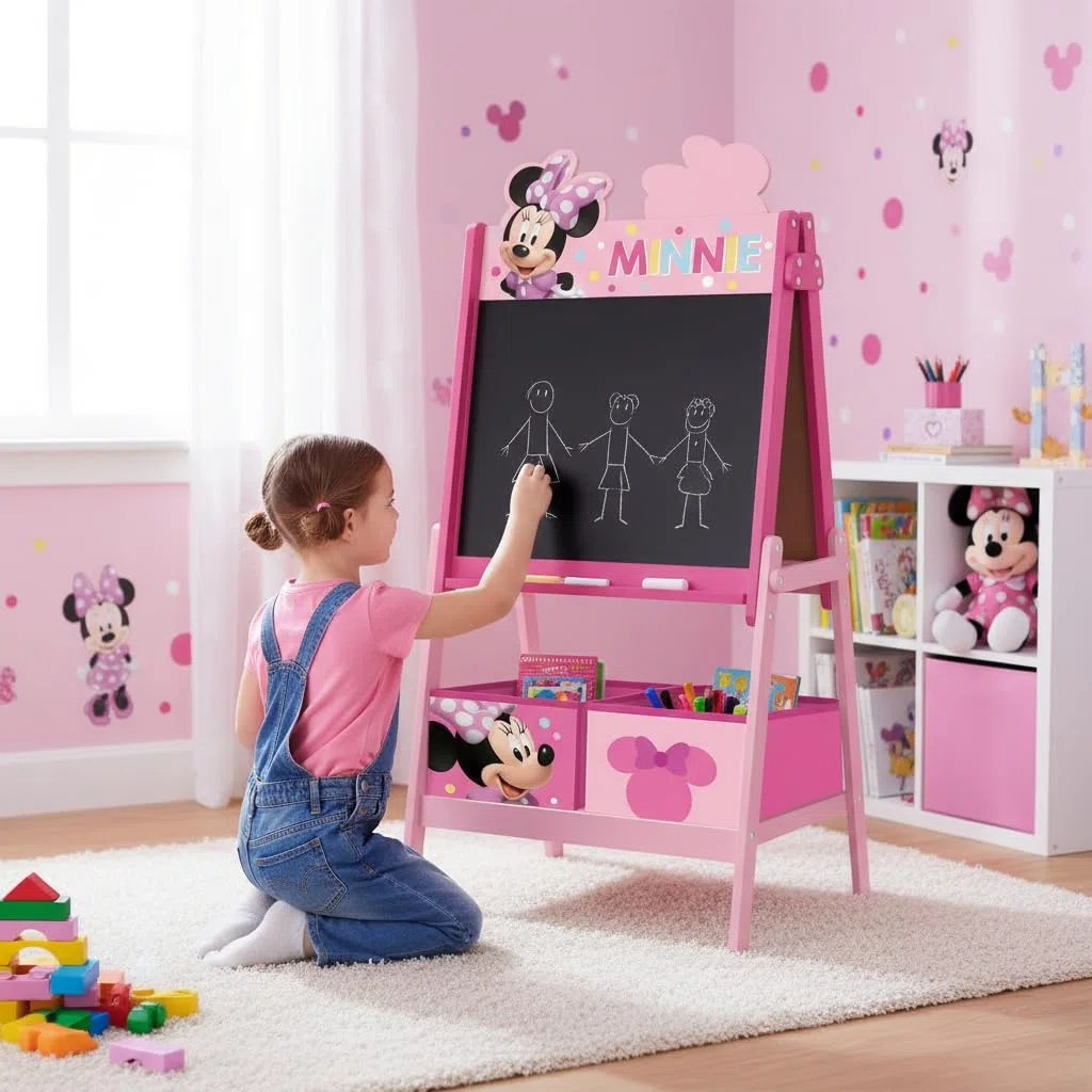 ARDITEX - Lavagna per bambini di Disney Minnie Mouse con doppia superficie per gessetti e pennarelli e 2 contenitori in tessuto per riporre oggetti - 54x45x117cm - Contenitori da 24x30x15cm - rosa