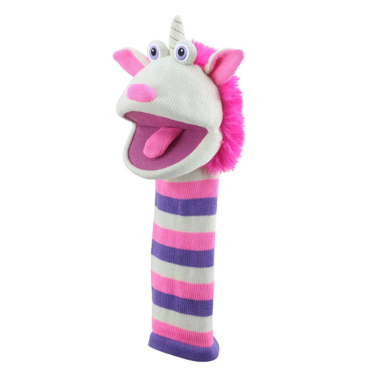 The Puppet Company Twinkle ECO Sockette - Burattino ecologico a forma di unicorno con corno scintillante e design a righe, giocattolo magico interattivo per bambini e adulti, 38 cm