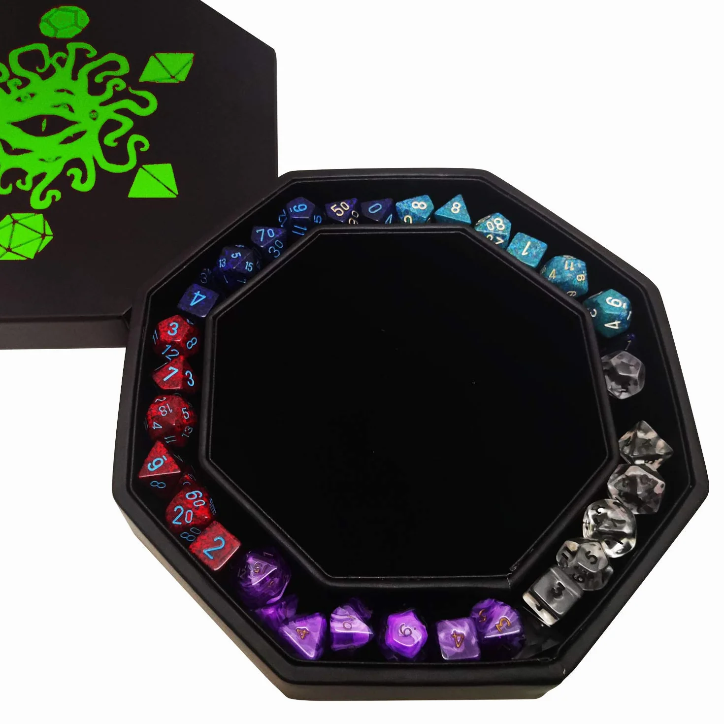 VASSOIO PER DADI FATE WATCHER con COPERCHIO e vano contenitore in similpelle e velluto | COMPATIBILE con tutti i tipi di giochi da tavolo e di ruolo come D&D, Pathfinder e The Call of Cthulhu (verde)