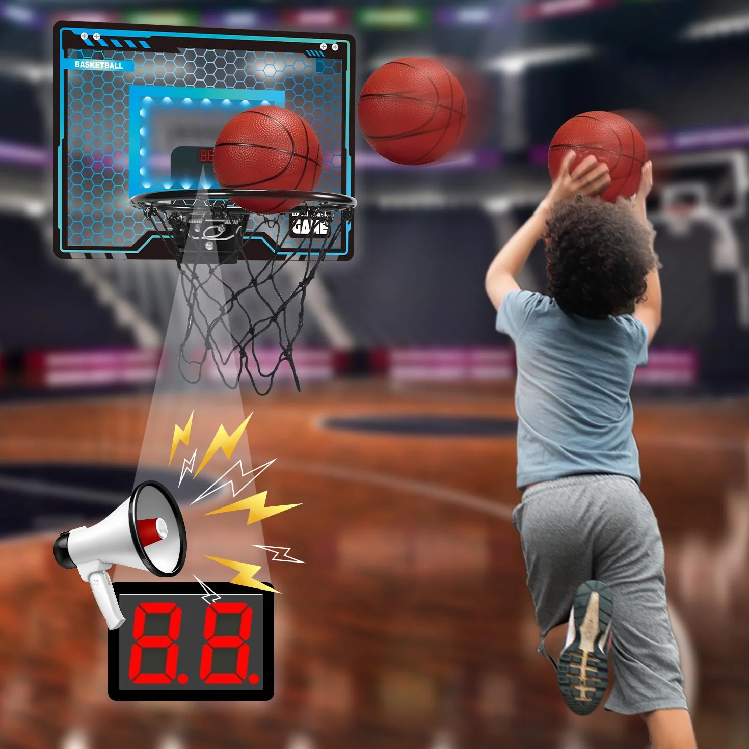 Canestro Basket da Camera, Canestro Basket Bambini con LED, Elettronico Punteggio Record e 3 Palla da Basket, Mini Canestro Basket per Ragazzi Ragazze 5-12 Anni, Regalo Natale per Compleanno