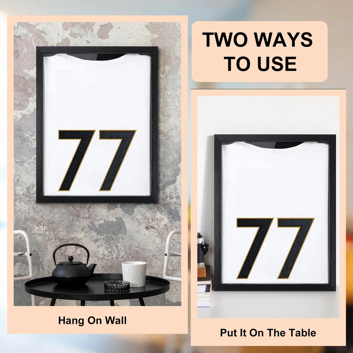 Display con cornice per magliette da calcio, scatola per profonde, cornice per magliette in legno nero, vetrina montabile a parete per maglie, cimeli sportivi