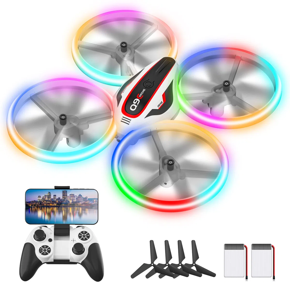 Drone con Telecamera per Bambini, Giocattolo Regalo Droni Telecomandati con Luce LED, RC Quadricottero Elicottero con Modalità Senza Testa, Funzione Hovering, 3D Flip e 2 Batterie