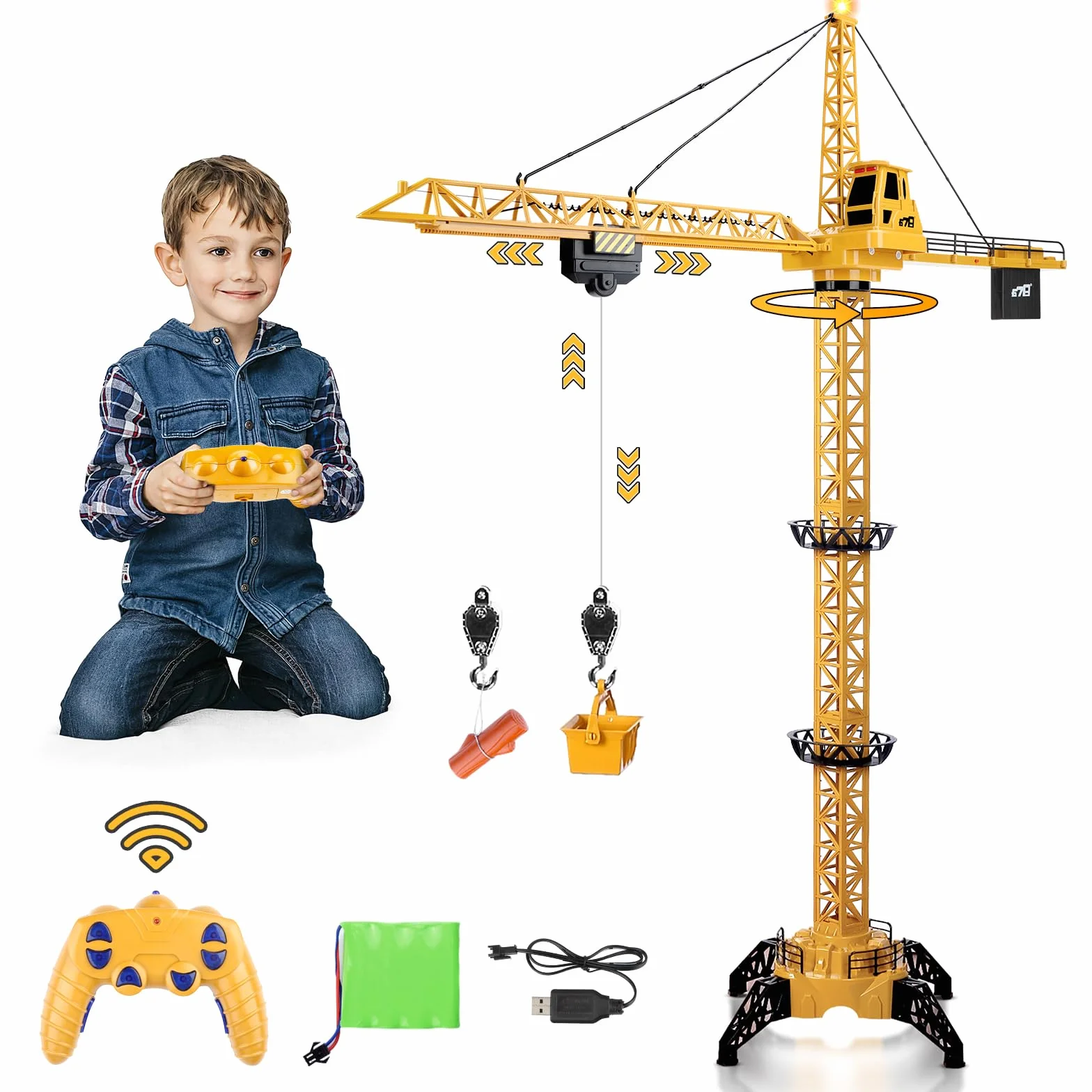 deAO Gru a Torre di Costruzione Telecomandata, Grande RC Gru 128 cm, 6 Canali di Radiocomando, Giocattolo Modello da Costruzione con Luci, Orientabile a 680° Rotazione, Regalo per Ragazzi