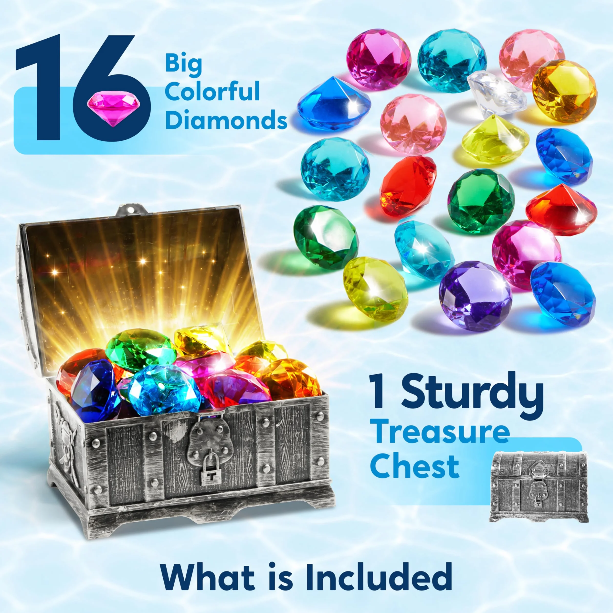 Sloosh Giocattolo da Piscina Diving Gems, 16 Grandi Diamanti Colorati con Scrigno dei Pirati, Giocattolo subacqueo per Bambini con Gemme subacquee, Regalo per l'allenamento al Nuoto