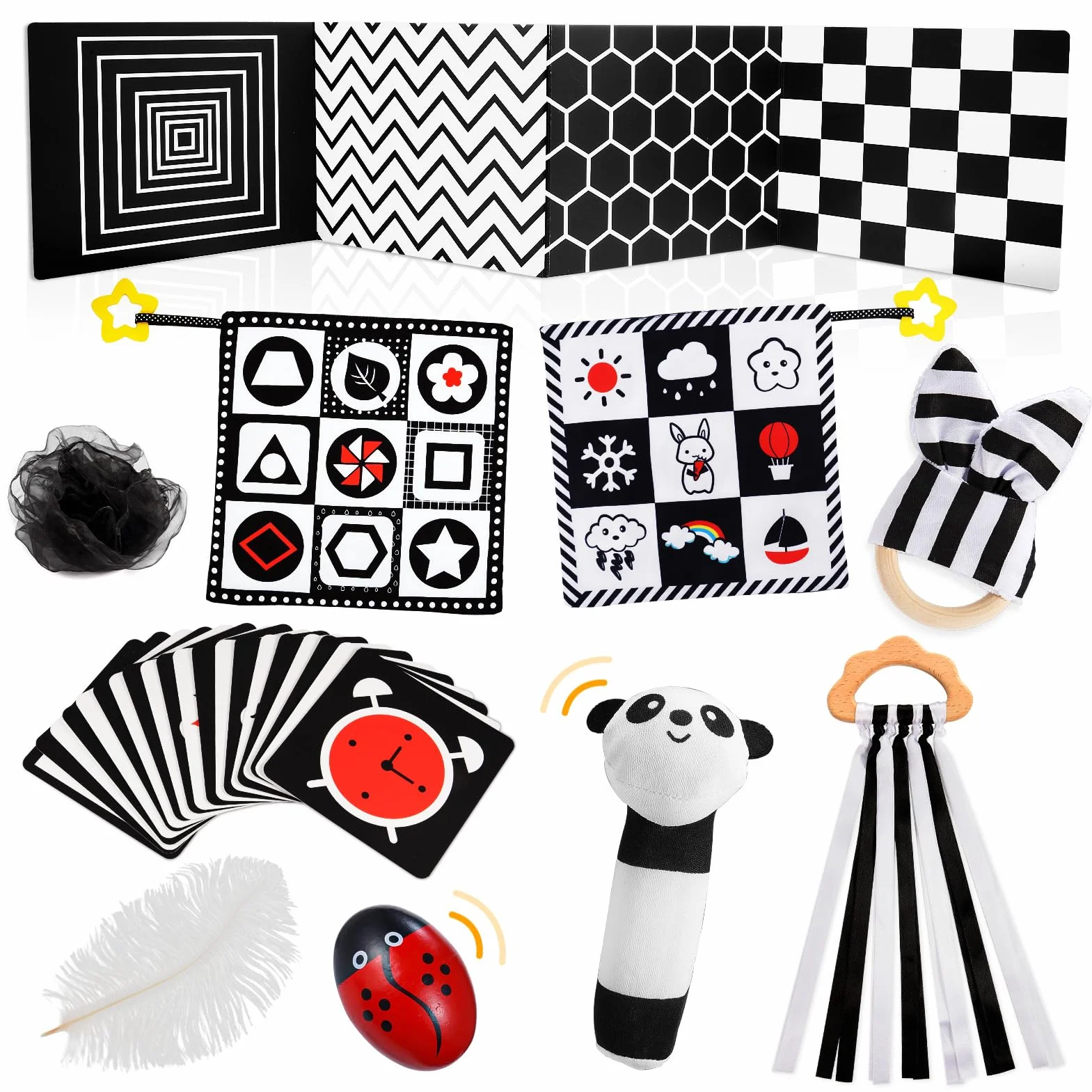 HappyKidsClub Giochi Neonato 0-12 Mesi, Accessori Utili Bianco e Nero, Libro Sensoriale, Regalo Bambino Montessori, Maschio, Sonaglio
