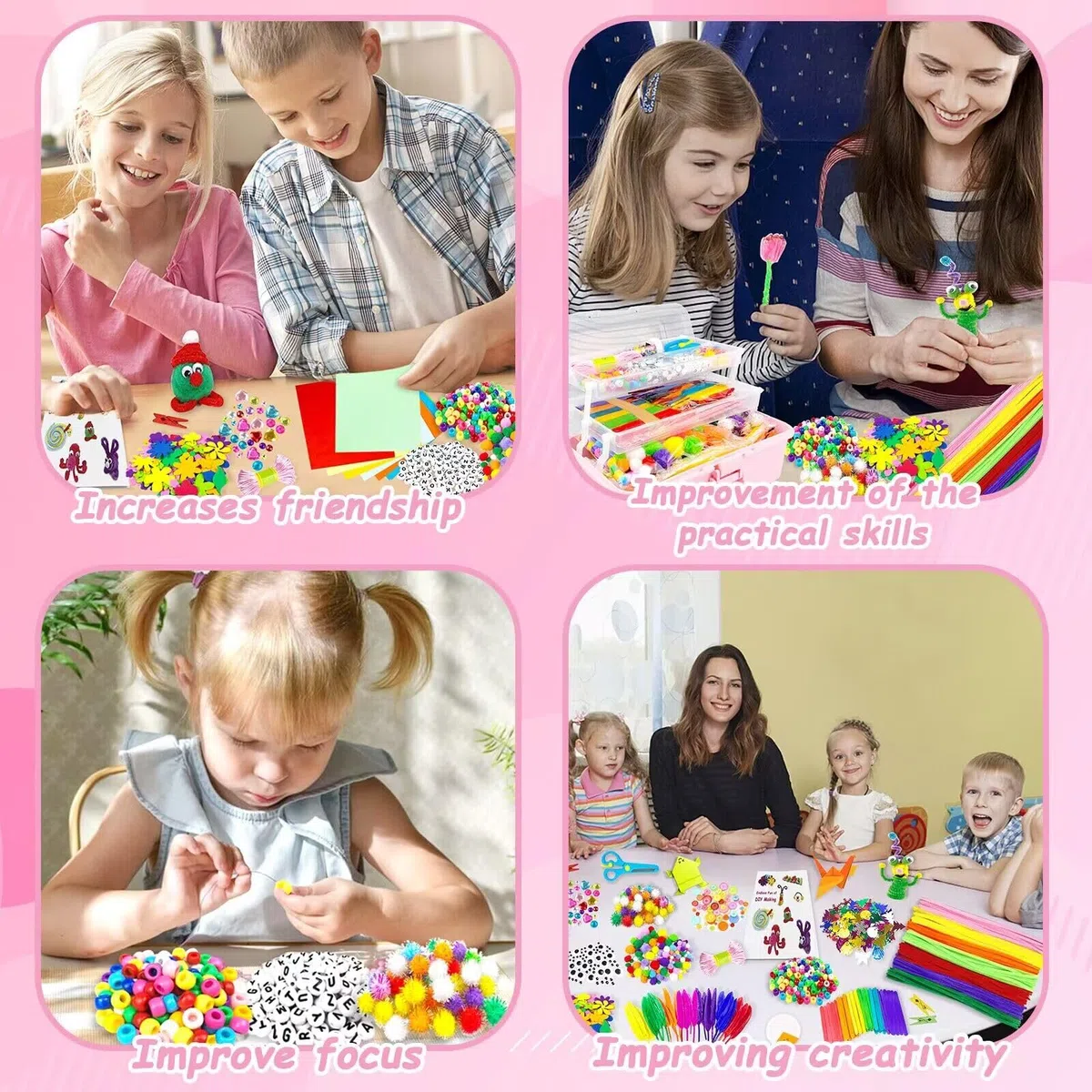 3000 Pezzi Lavoretti Creativi per Bambini DIY Art Craft Set Scovolini Colorati per Lavoretti per Bambini Scatola artigianale 3 strati Materiale scolastico fai da te Regali per Ragazze e Ragazzi, Rosa
