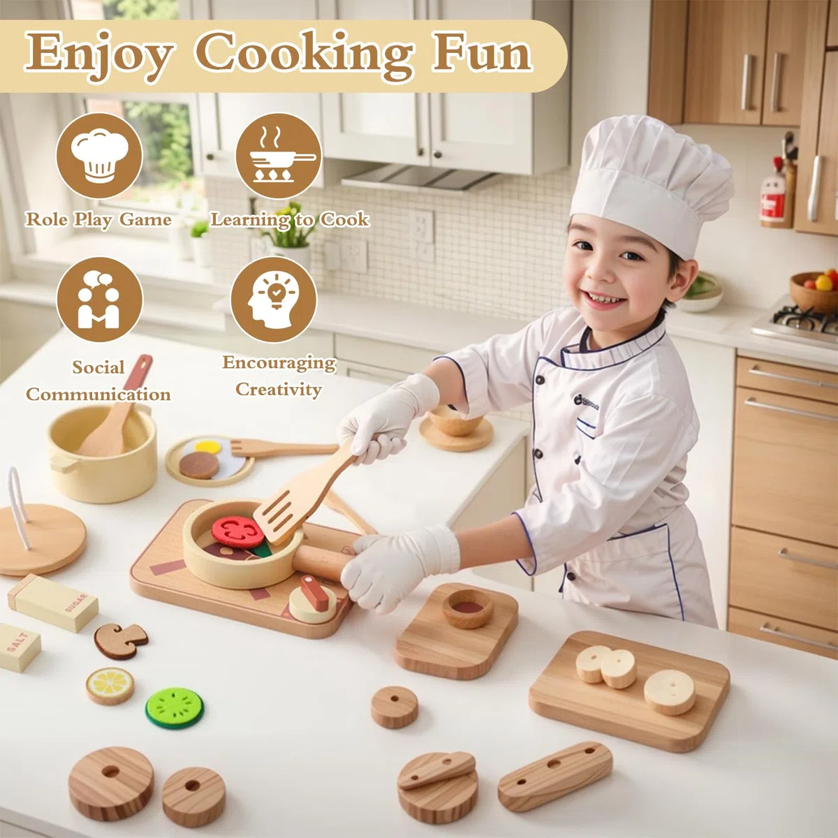 Pentole Giocattolo per Bambini, Accessori Cucina Giocattolo Legno, Set di Pentole e Padelle in Legno, Utensili Cucina Bambini con Posate e Cibo, Giochi di Ruolo per 3 4 5 6 Anni