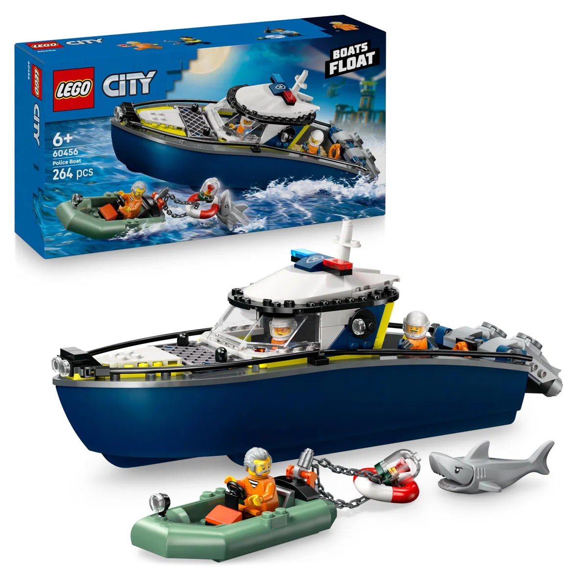 LEGO City Inseguimento del Motoscafo della Polizia – Include 2 Barche Giocattolo, 3 Minifigure e una Figura di Squalo – Regalo per Bambini e Bambine da 6 Anni in su – 60456