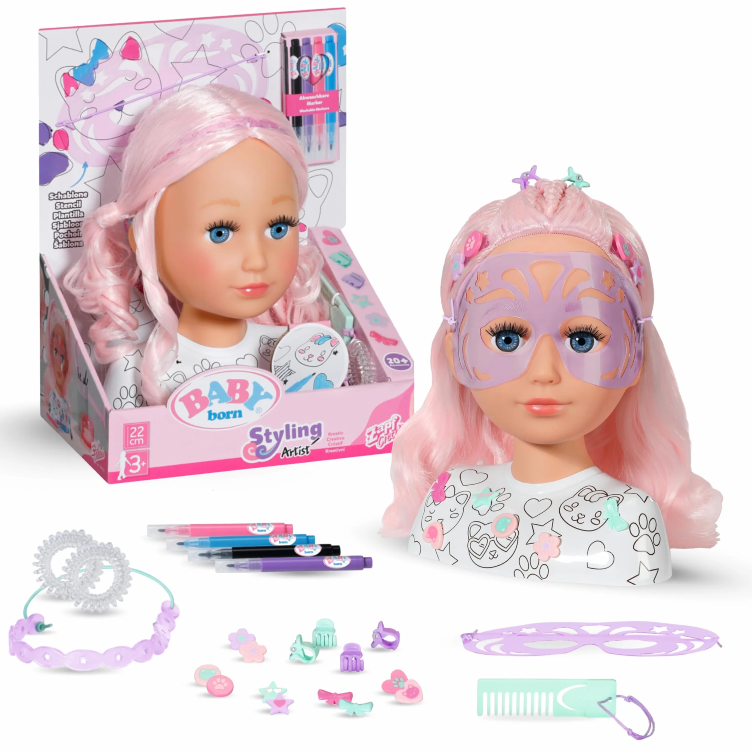 BABY born Testa Creative – Con capelli rosa, pennarelli e oltre 20 accessori - Testa da truccare e pettinare - Dai 3 anni in su