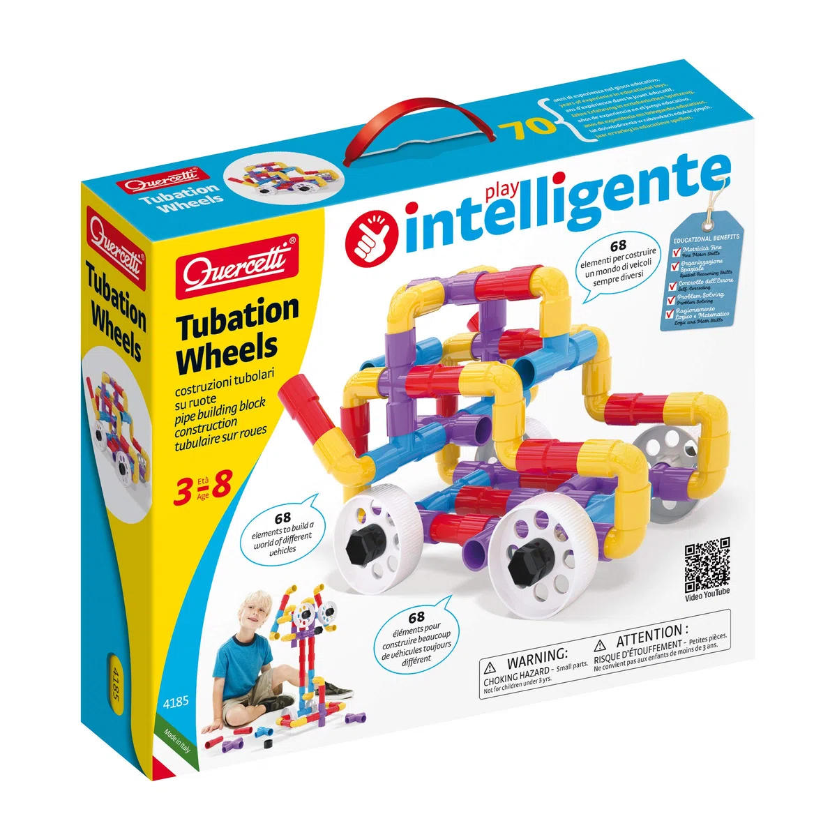Quercetti Tubation Wheels 68 Pezzi, Giochi Bambini 3 Anni, Costruzioni per Bambini 3 Anni con Tubi Colorati e Ruote, Giochi Educativi e Giochi Creativi, Giochi per Bambini, Made in Italy