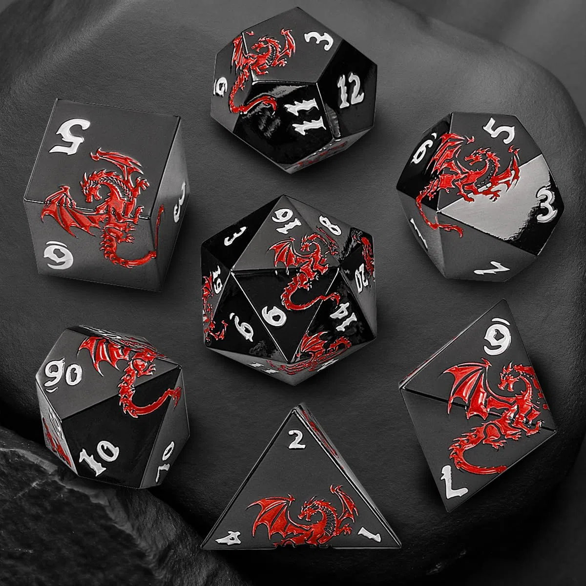 Set di 7 dadi poliedrici in metallo, motivo drago rosso piatto, D&D, con sacchetto regalo, D4 D6 D8 D10 (00-90 e 0-9) D12 D20, dadi per giochi di ruolo per D&D MTG, neri