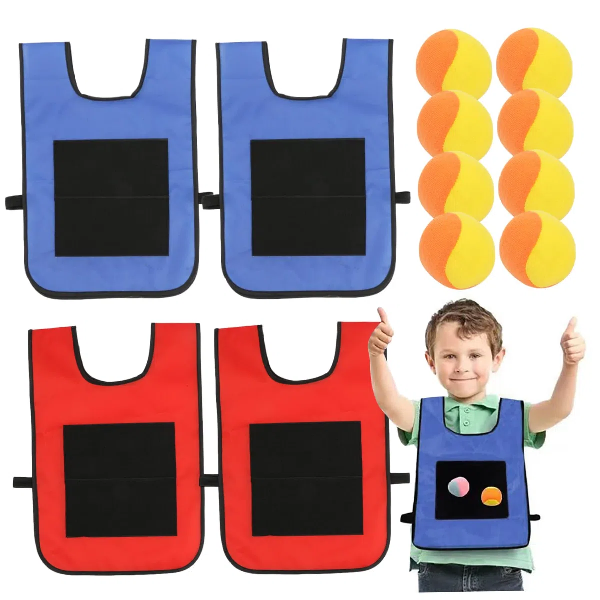 Set di palline adesive per Dodgeball - 8 palloni sportivi e 4 giubbotti con cinghie, gioco interattivo con bersagli da lancio per bambini all'aperto