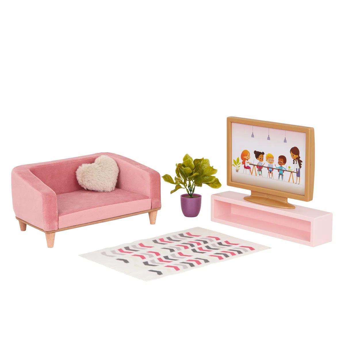 Our Generation - OG Lovely Set da soggiorno - Mobili per la casa delle bambole - Divano, tappeto e televisore - Accessori per bambole da 46 cm - Giocattolo per bambini dai 3 anni in su