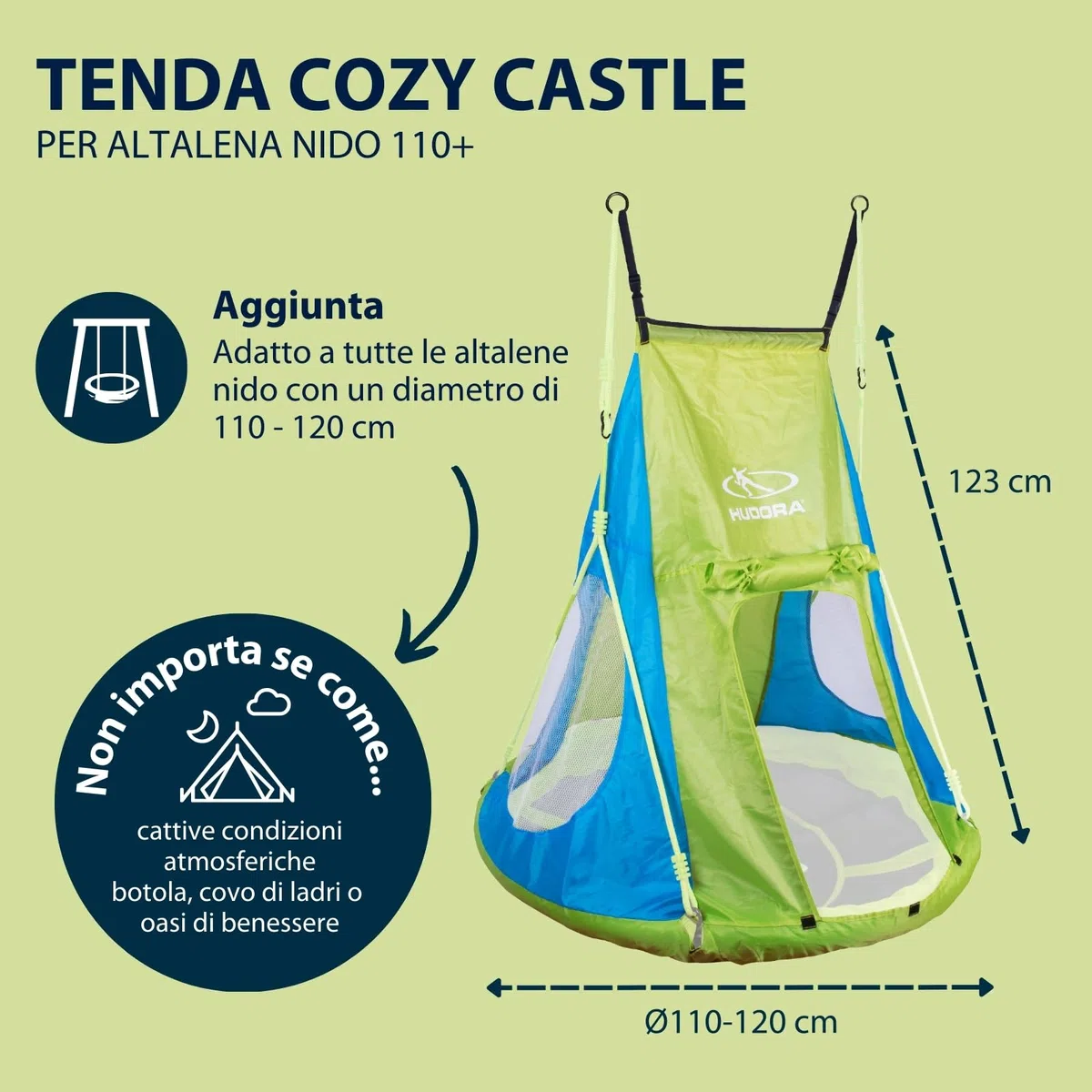 Tenda HUDORA Cosy Castle - copertura per altalena HUDORA nest 90 e 110/120 in blu/limone - tenda per altalena in poliestere per uso interno ed esterno - tettoia per altalena per bambini e adulti