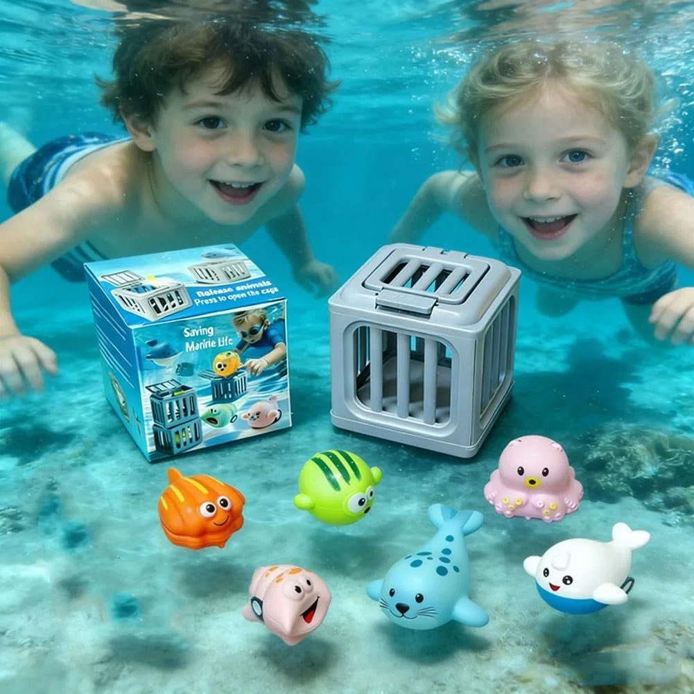 Giocattoli subacquei per piscina, gioco di salvataggio subacqueo con gabbia per piscina e abitanti galleggianti, gioco d'acqua per allenamento di nuoto, regalo estivo per spiaggia (set da 6)