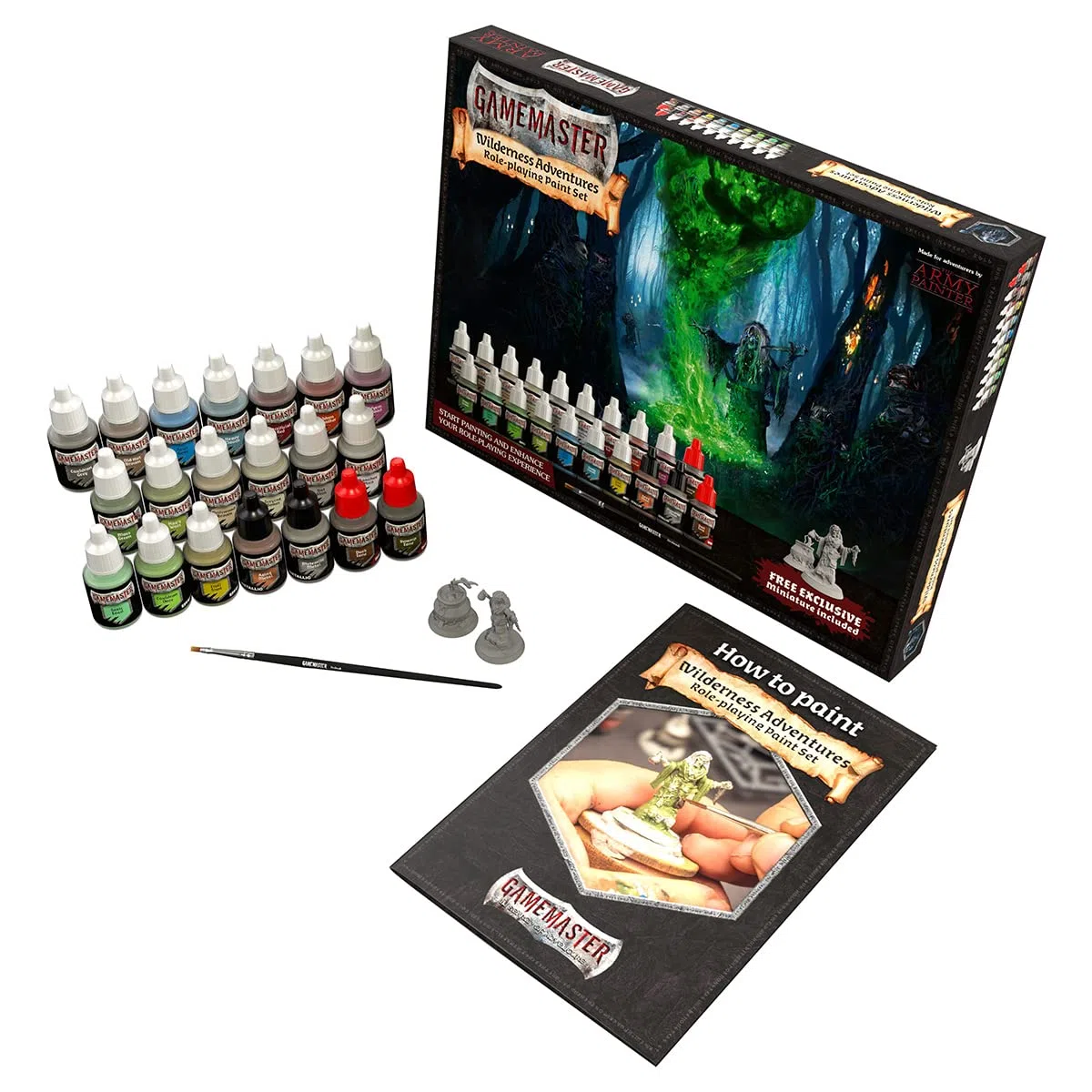 The Army Painter GameMaster Wilderness Adventures - Set di Colori per Giochi di Ruolo, 20 Bottiglie di Vernice acrilica da 12 ml, 1 Pennello Asciutto, 1 Miniatura in plastica per Warhammer 40k e