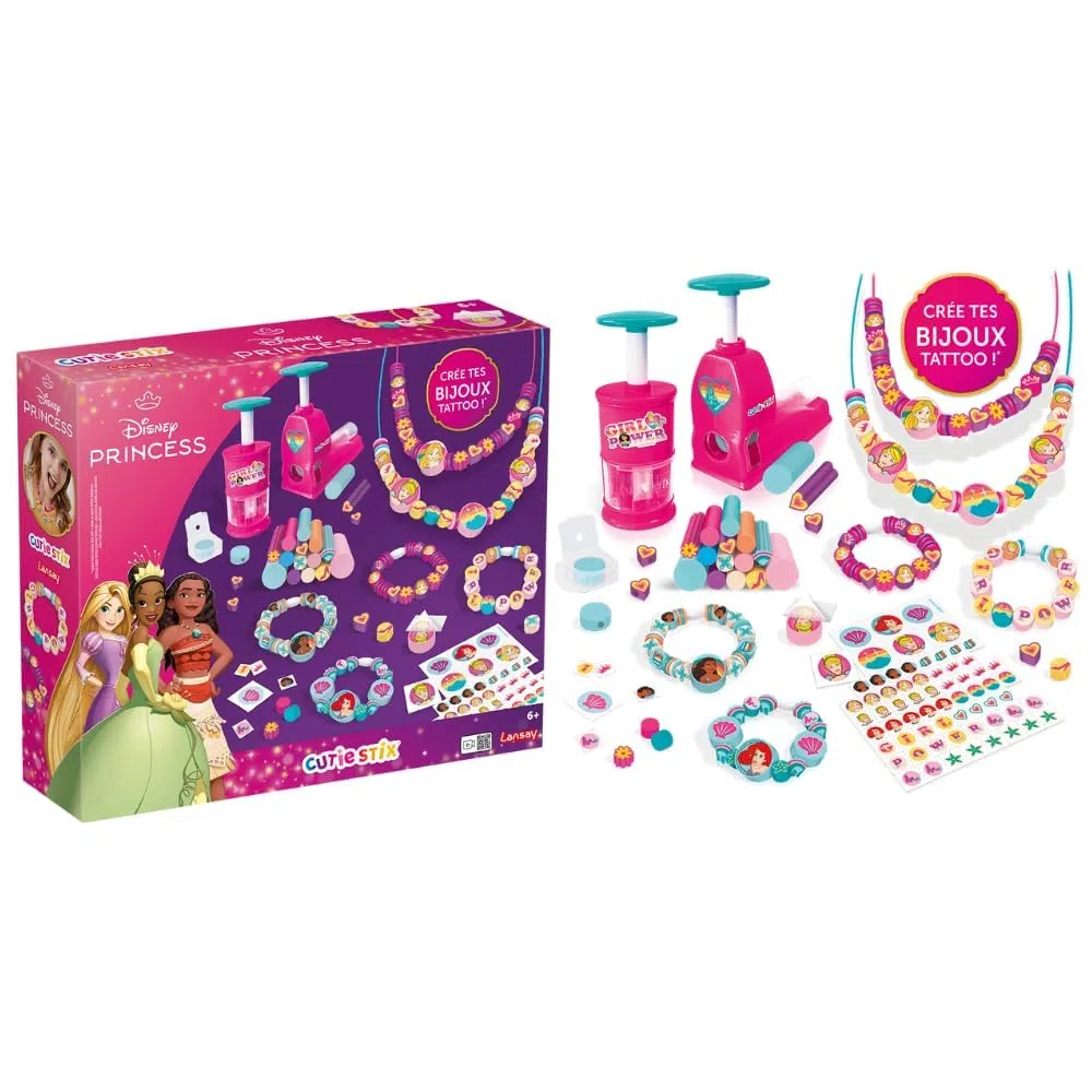Lansay - CUTIE STIX - Set Principesse Disney - Kit Creazione Braccialetti per Bambini dai 6 Anni - Crea Perline con Stix Morfidi e Tatuaggi Disney - Attività Manuale Creativa Idea Regalo DIY