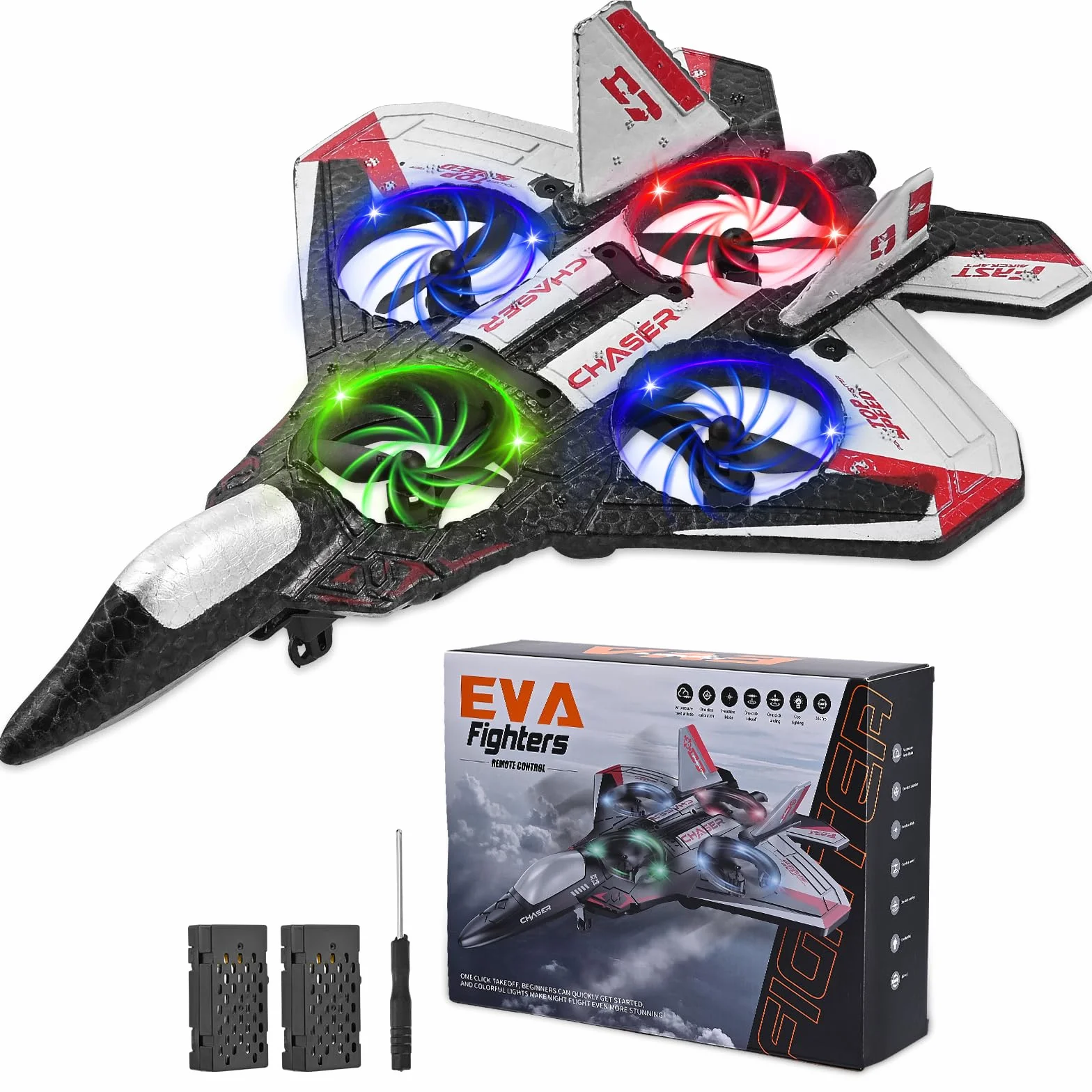 Getto da combattimento aereo 4D RC con illuminazione a LED, clip a 360° e rulli acrobazie, 3 modalità di velocità, 2 batterie ricaricabili, facile da volare per bambini e principianti