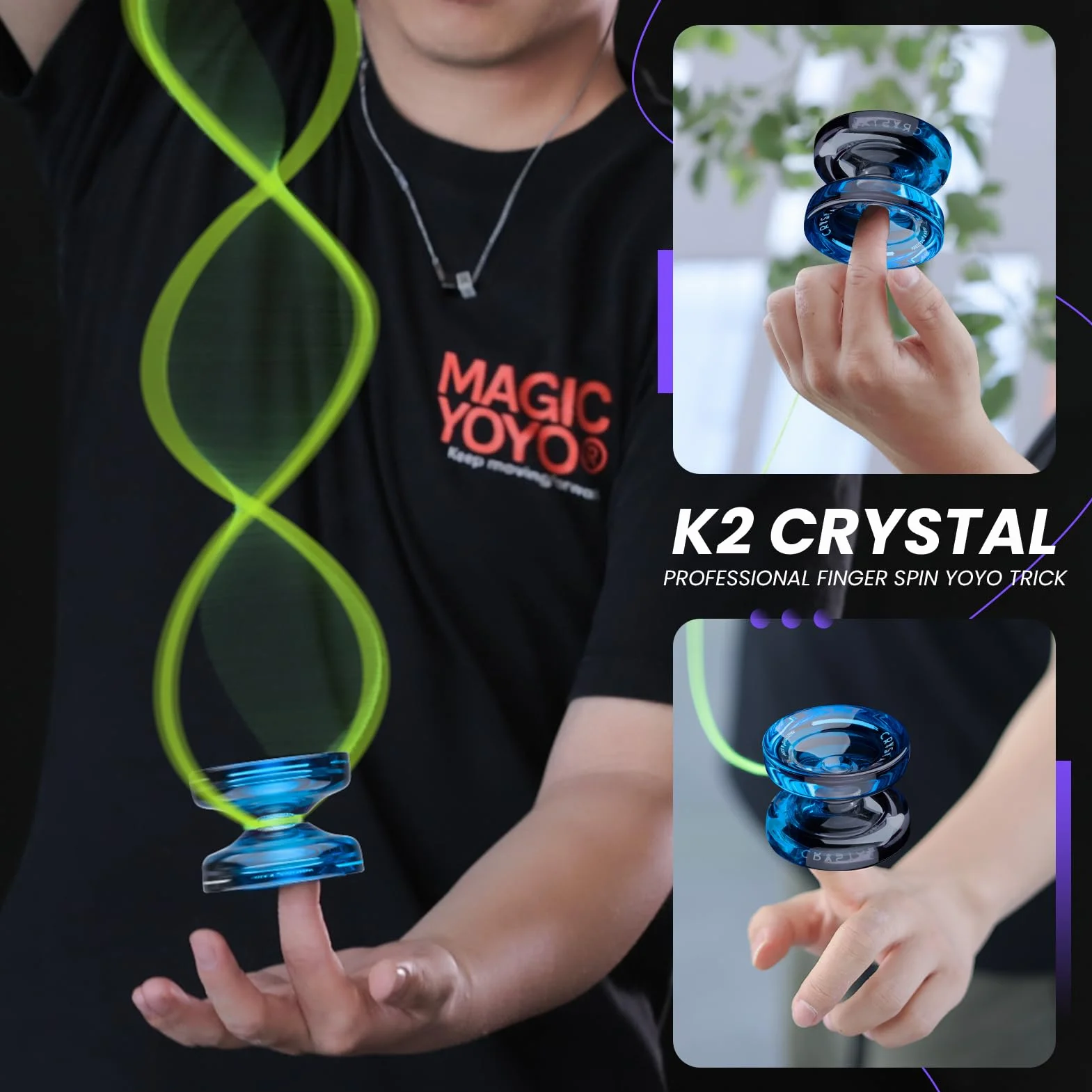MAGICYOYO Yoyo reattivo per bambini K2 Crystal Black Blue, 2 in 1 - Yo Yo Yo reattivo e non responsivo, Yoyo trucco con rotazione delle dita con cuscinetto non responsivo, 12 corde, borsa Yo-Yo