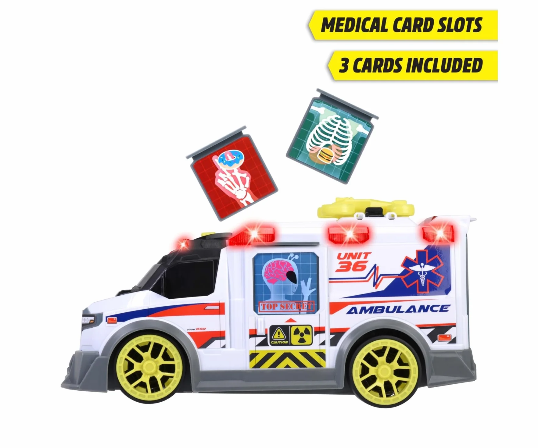 Dickie Toys - Ambulanza 36 cm, 203307003, +3 Anni, Sistema a Ruota Libera, luci e Suoni, Apertura portellone a Molla, barella, Drone
