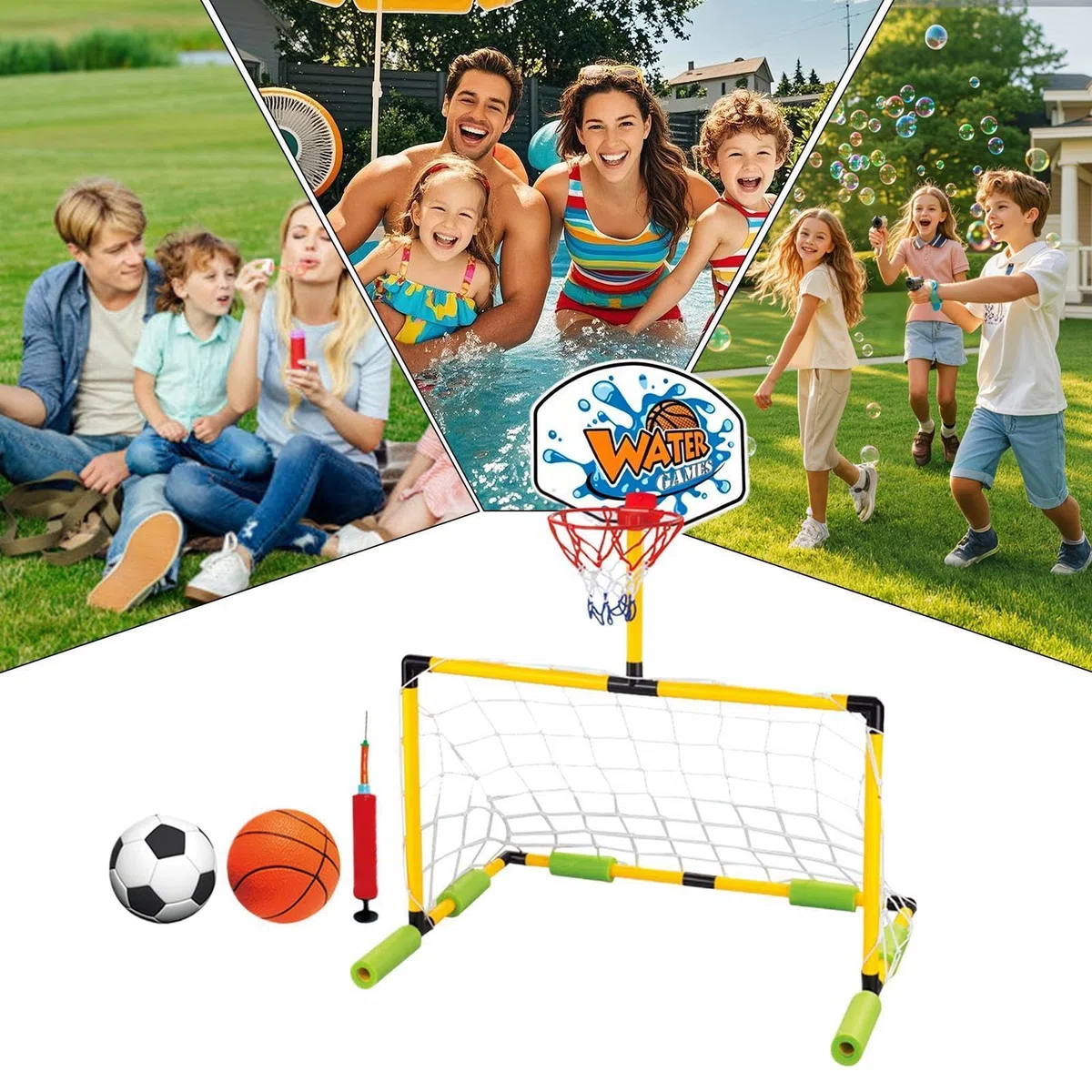 Generico Canestro Basket Piscina 2 in 1, Galleggiante 30.71 Pollici, Gioco Acquatico Porta Calcio Staccabile, Giocattolo Cortile Piscina Basket Calcio per Bambini