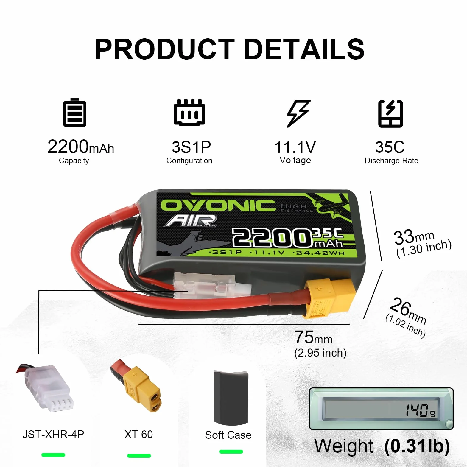 OVONIC Batteria Lipo 3S 35C 2200mAh 11.1V con connettore XT60 per elicottero aereo 1:14 RC Car RC (1PCS)