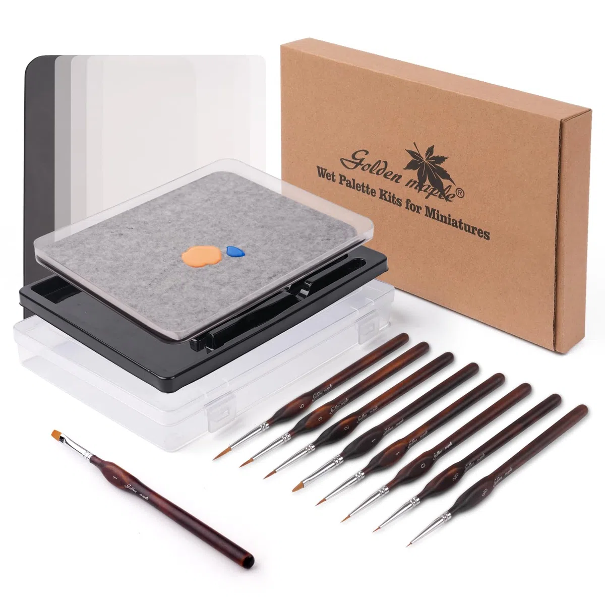 golden maple Tavolozza bagnata per pittura in miniatura – Wet Palette per pittura acrilica Set con 9 pennelli in miniatura, 50 fogli per pallet, 2 spugne, 1 porta pennelli e 1 ciotola in spugna