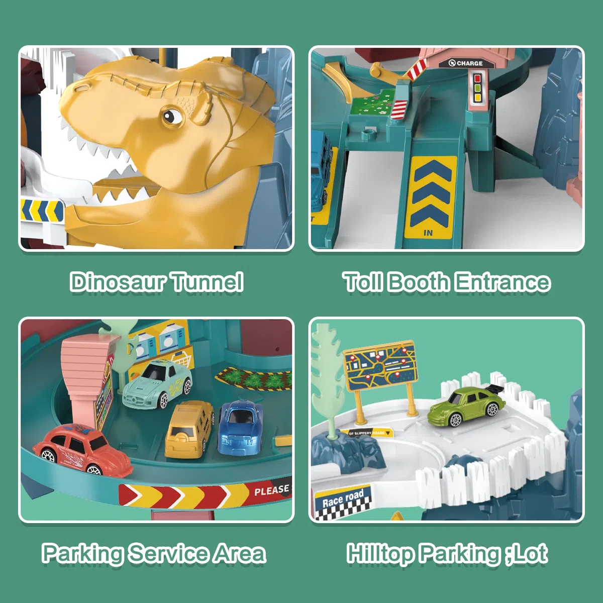 RedCrab Dinosaur Pista Macchinine Giocattolo, Dinosauri Piste Macchinine per Bambini con 4 Macchinine da 3 a 14 Anni, Regalo di Compleanno per Ragazzi e Ragazze
