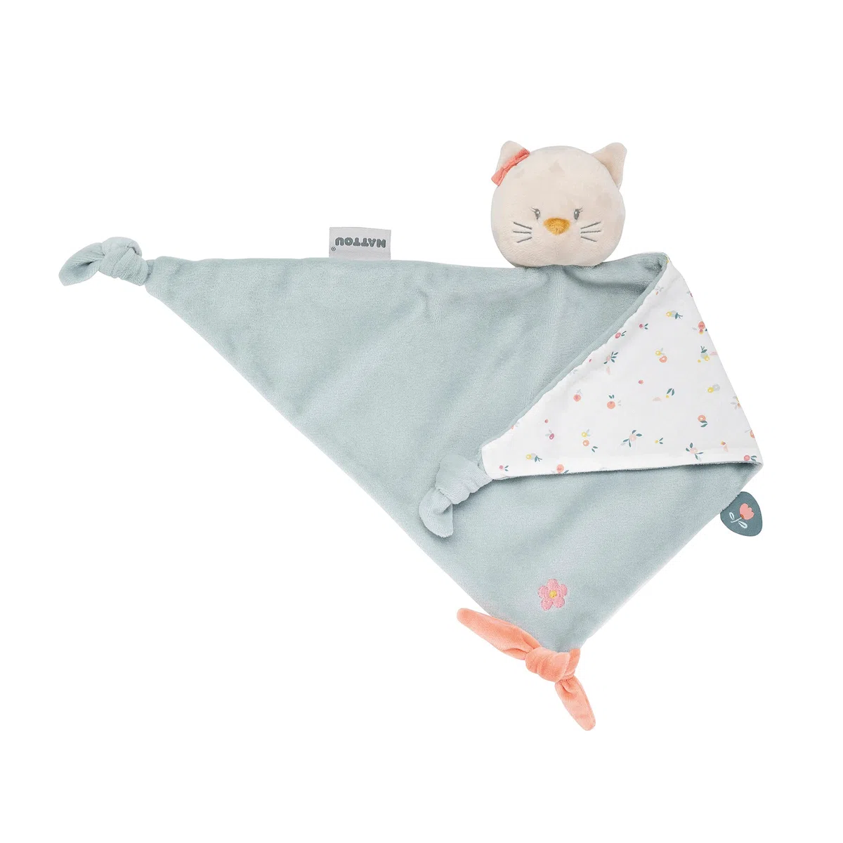 Nattou Grande Doudou per Neonato, Cotone e Velour, Gatto Lana, Compagno dalla Nascita, Ca. 65 x 40 cm, Mila, Zoe e Lana, Azzurro