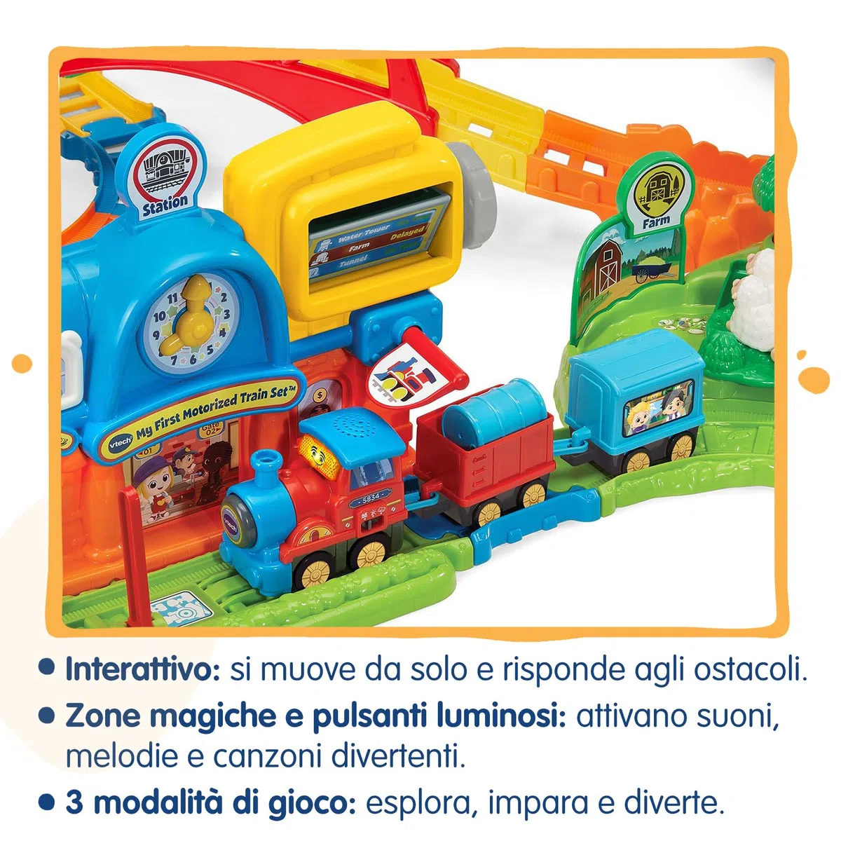 VTech Vroom Vroom Go - Avventure in Treno, Pista Trenino Elettrico con Ostacoli, Inclusa Locomotiva Motorizzata e Vagoni, 6 Zone Magiche, Lingua Italiana, Batterie Incluse, 1-5 Anni