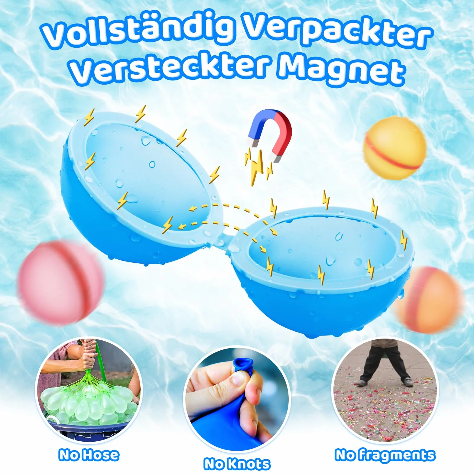 6 bombe d'acqua riutilizzabili, in silicone a chiusura automatica, con tasca a rete, set di bombe d'acqua, adatti per bambini, adulti, spiaggia, feste in piscina