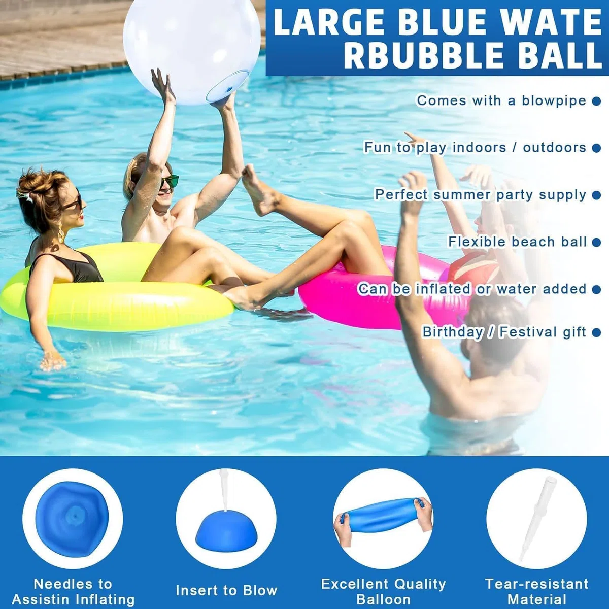 Palla ad acqua gonfiabile, 119 cm, trasparente, grande, riutilizzabile, per bambini e adulti, resistente agli strappi, per spiaggia, giardino, piscina, feste all'aperto (A)