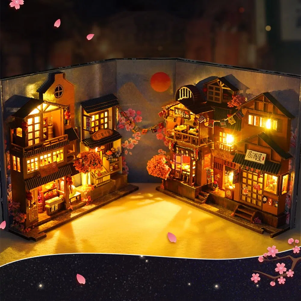 Kit per libri fai da te, puzzle 3D in legno, casa con luci a LED e mobili, casa delle bambole in miniatura, kit per modellini da costruire (vicolo di ciliegio)