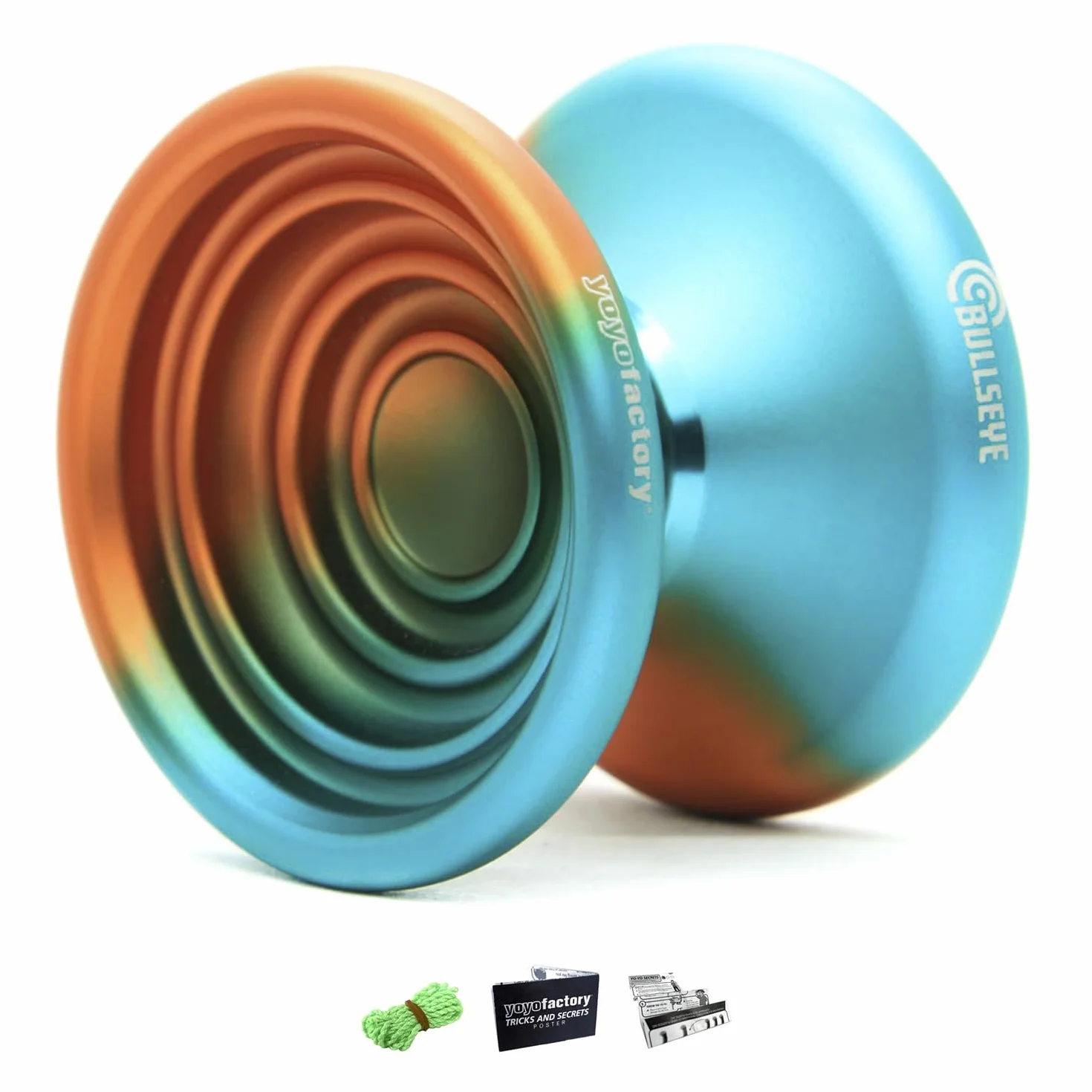YoyoFactory Bullseye Yo-Yo - Arancio/Turchese (Trucchi del Dna, Yoyo in Metallo, Corde, Cuscinetti a Sfera e Istruzioni Incluse)