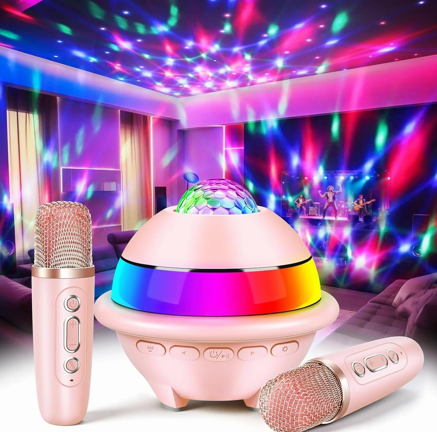 JONRRYIN Karaoke per Bambini con Luci Discoteca, Bluetooth Karaoke con 2 Microfono Wireless, 5 Luce LED e Cambia Voce, Regalo Compleanno per Ragazzi e Ragazze 3-15 Anni (Rosa)