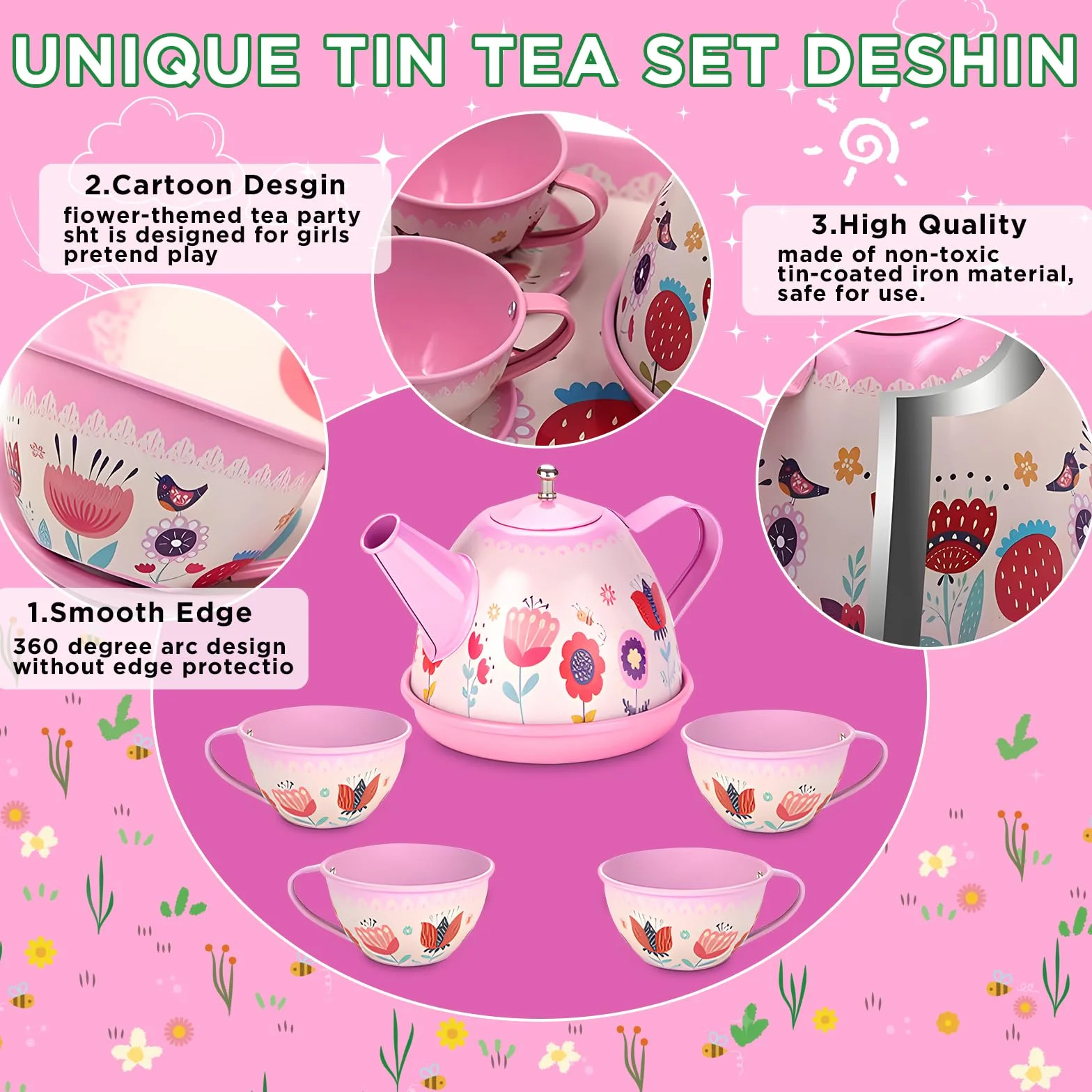 Set da tè Giocattolo per Bambini, 46 Pezzi Cibo Accessori Cucina, Dessert Giocattoli con Gelato Servizio, Giocattoli Bambina Cucina in Latta Regalo per Bambina Bambini 3 4 5 6 7 8 Anni