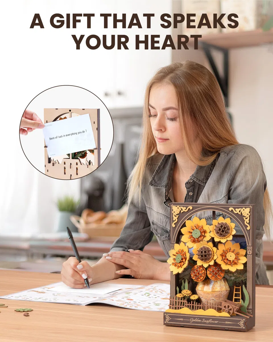 ROWOOD Puzzle 3D in legno per adulti e bambini con luce LED, kit modello floreale, decorazione da tavolo o da parete, regalo creativo per donne e uomini TH002 Girasole