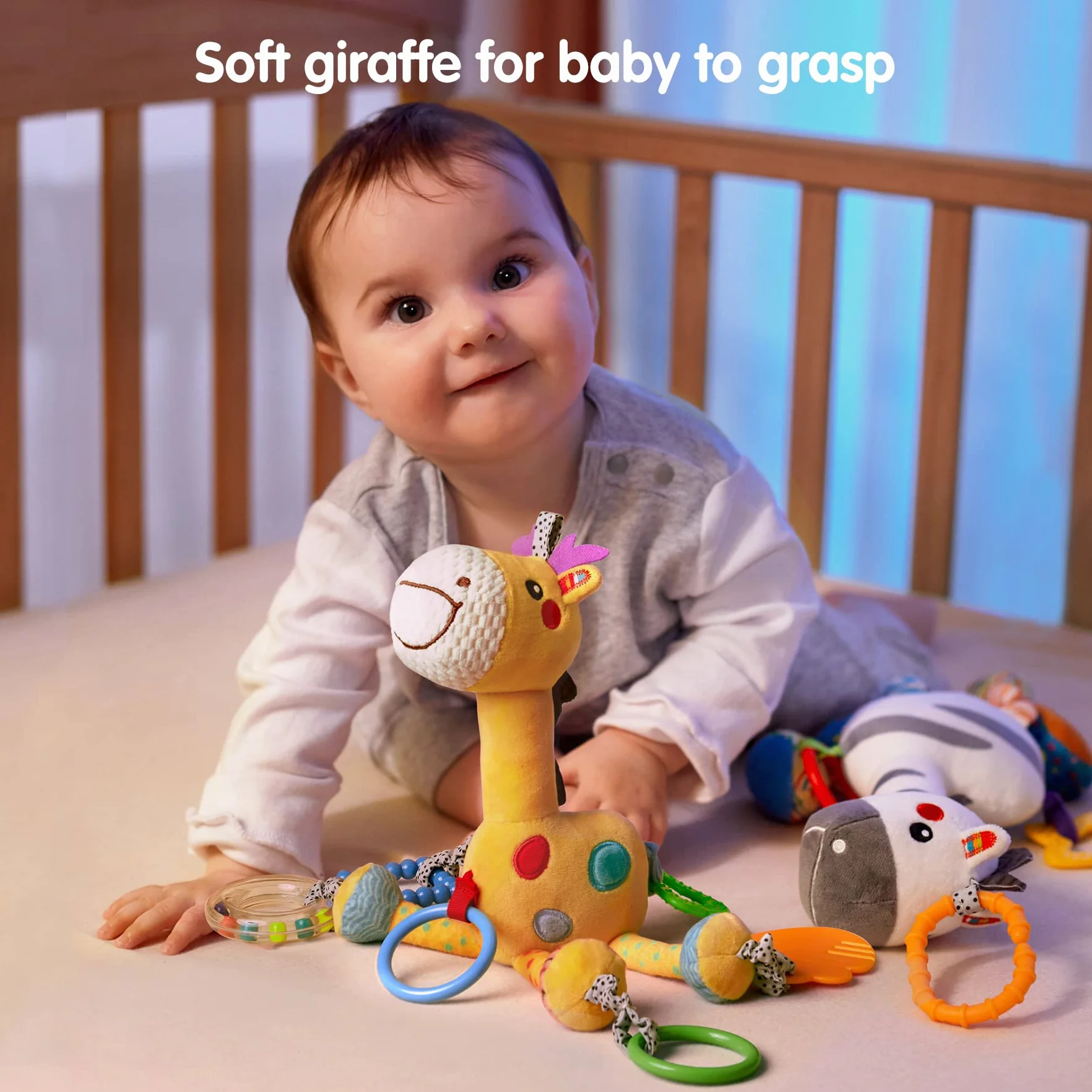 TUMAMA Giochi Neonato 0-12 Mesi - Sonaglio Neonato Peluche, 2 Pezzi Peluche di Giraffa Zebra per Buttafuori, Seggiolino Auto e Carrozzina, Regalo Giochi per 0+ Mesi Bambini