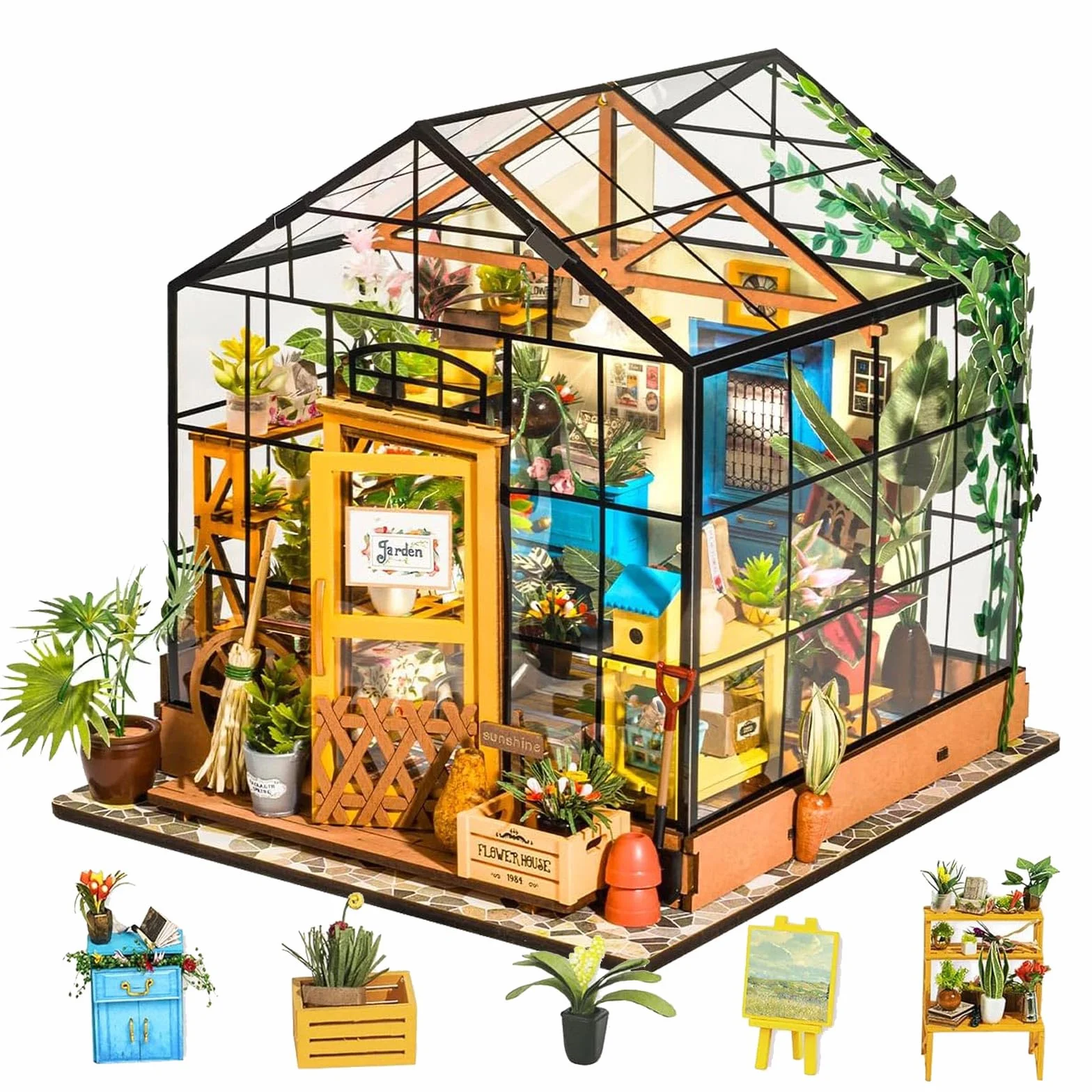 Rolife - Kit per casa delle bambole in miniatura fai da te, scala 1:24, con serra in legno e mobili in miniature, per donne, bambine, bambini, regalo per compleanno, Natale e San Valentino