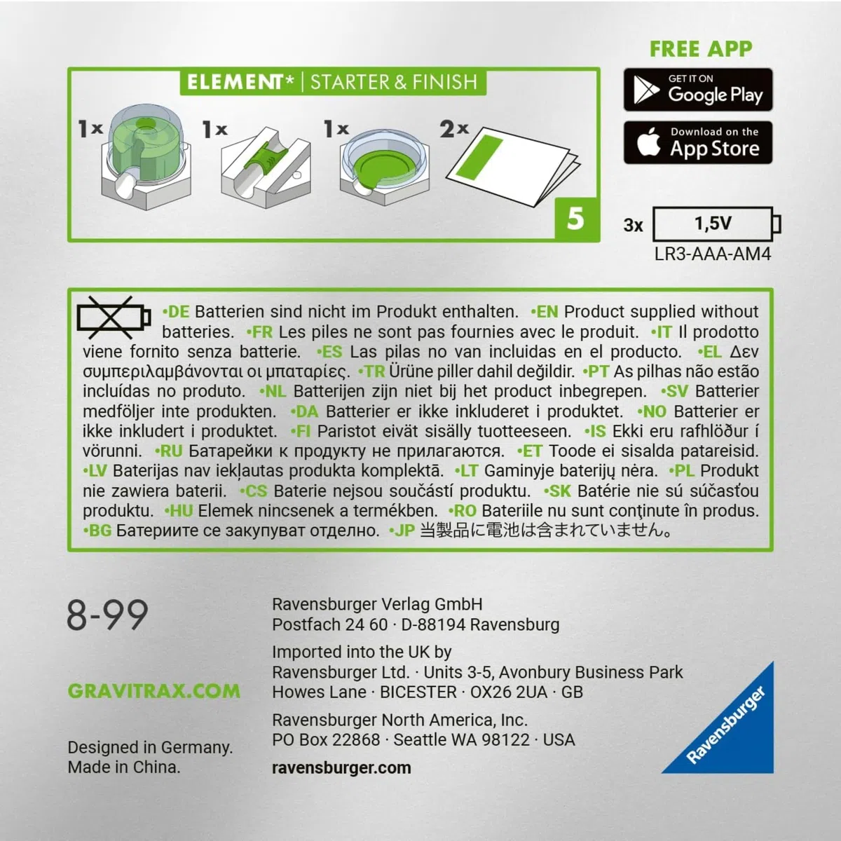 Ravensburger - GraviTrax Power Element Starter & Finish: Attiva lo starter con la biglia, Accessorio pista biglie, Gioco STEM 8+ anni e adulti, Non giocabile da solo, Compatibile con tutti i GraviTrax