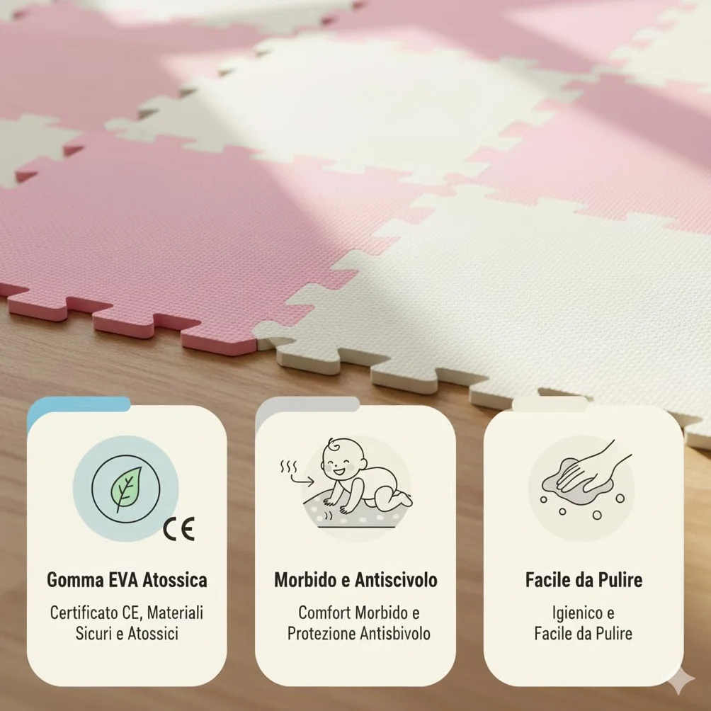 Tappeto Puzzle Bambini in EVA Antiscivolo – 18 Pezzi Rosa e Grigio 29,5x29,5 cm, Morbido e Atossico, Tappetone Gioco per Gattonare, Certificato CE, WELLDER