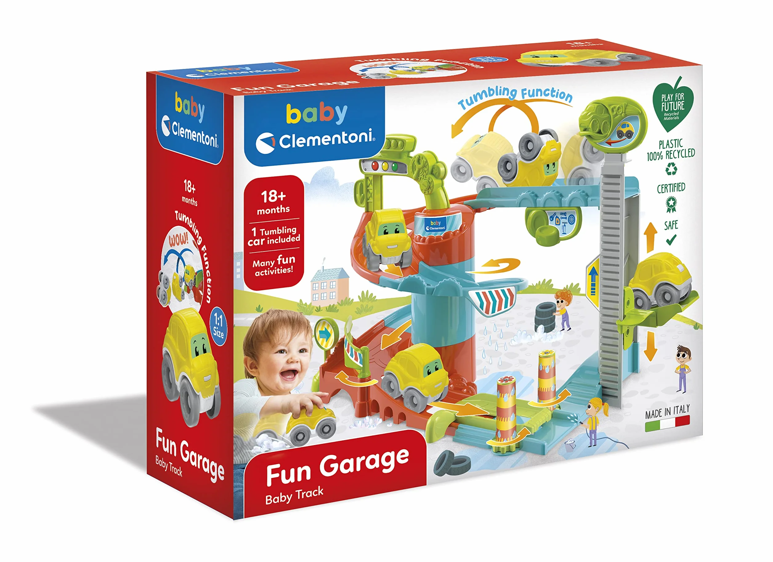 Baby Clementoni - Fun Garage Baby Track, Box e Pista Macchinine per Bambini 18+ Mesi, con 1 Macchinina, Gioco Prima Infanzia Made in Italy, Linea Play For Future, Stimola Manualità e Curiosità, 17404