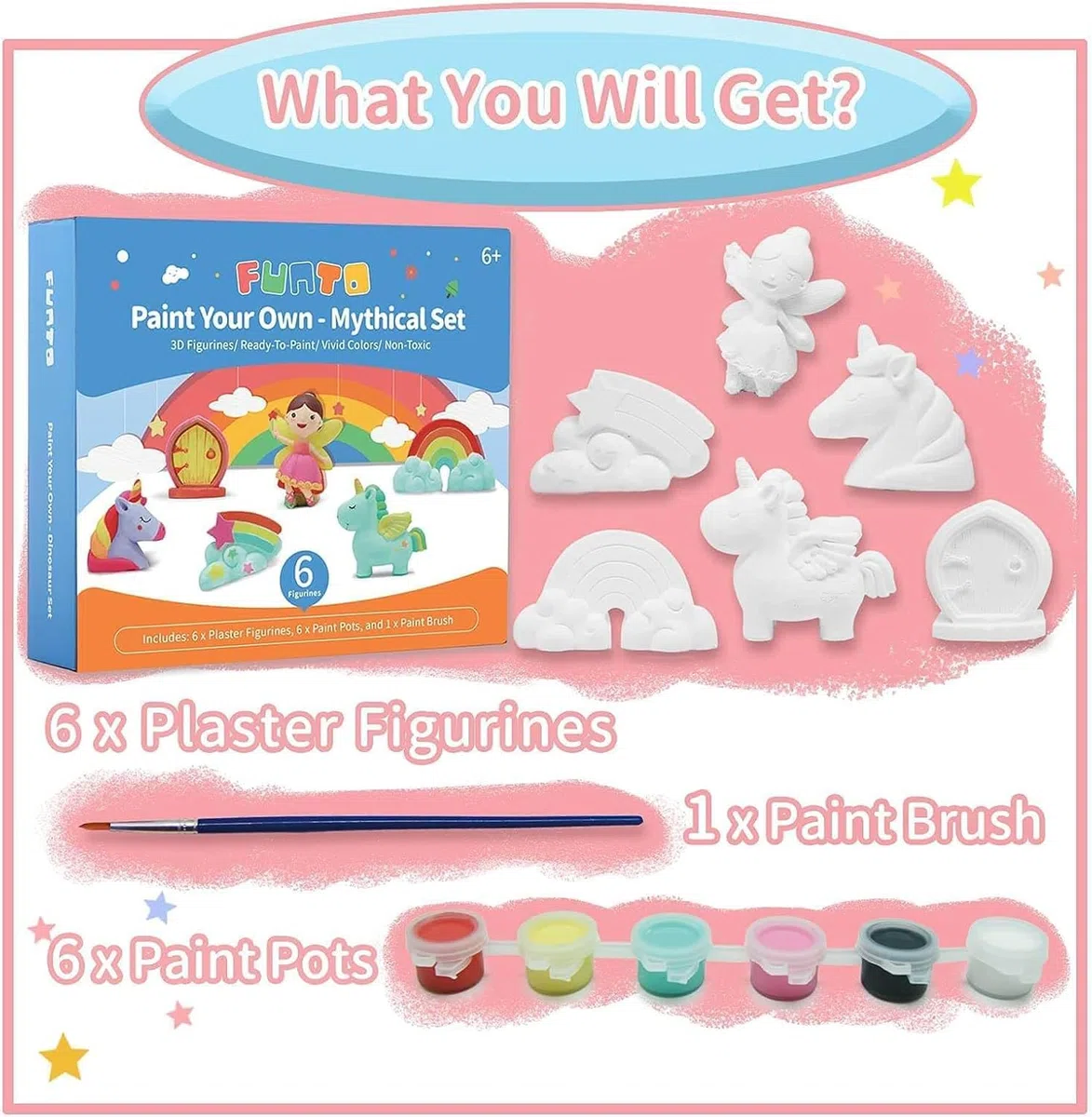 Funto Kit di pittura unicorno, set di arti e mestieri, progetto STEAM attività creativa giocattoli DIY, con 6 figurine, 6 contenitori di pittura, 1 pennello