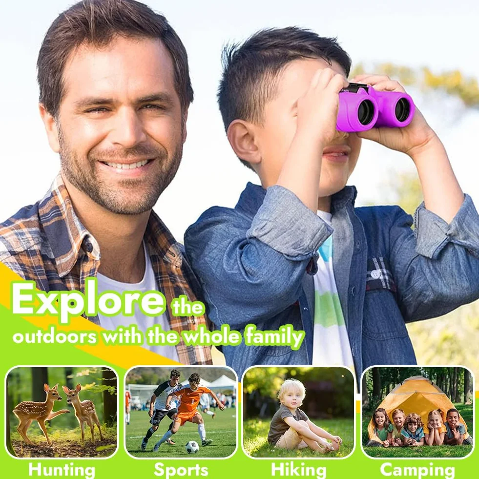 Binocolo per bambini, regali per bambini per bambini e bambine, forte ingrandimento 8X21, binocolo con lente d'ingrandimento e bussola, giocattolo per 3-12 anni (viola)