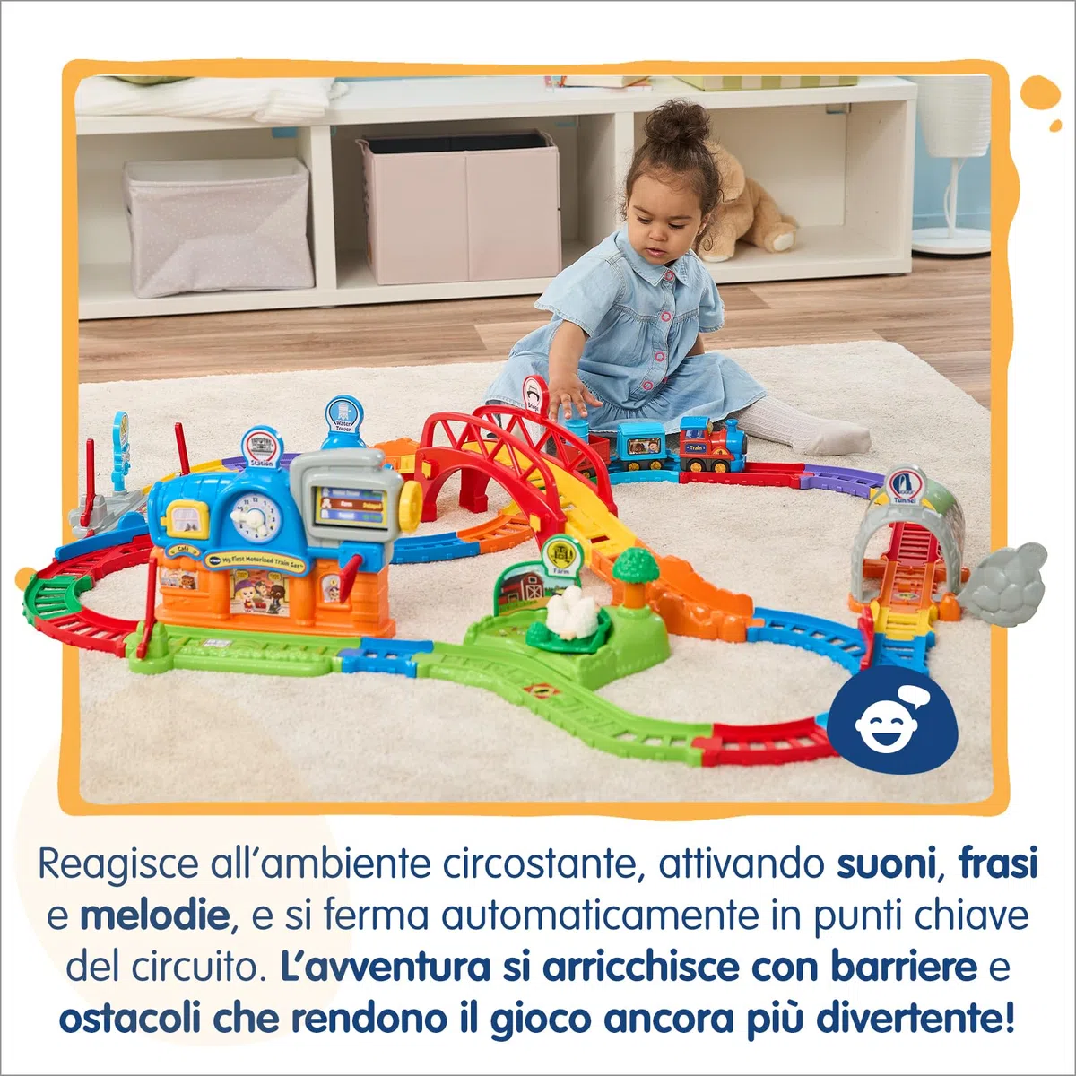VTech Vroom Vroom Go - Avventure in Treno, Pista Trenino Elettrico con Ostacoli, Inclusa Locomotiva Motorizzata e Vagoni, 6 Zone Magiche, Lingua Italiana, Batterie Incluse, 1-5 Anni