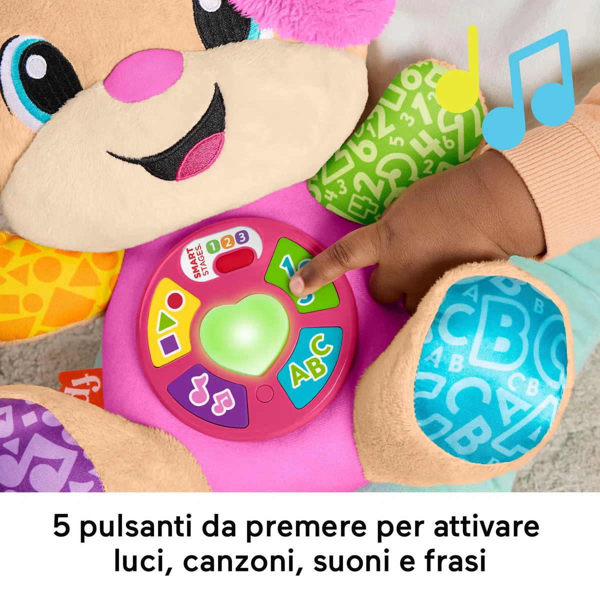 Fisher-Price Giocattolo per l'apprendimento dei Neonati Ridi e Impara Peluche Musicale Sis Smart Stages Rosa; per Bambini dai 6 Mesi in su, multilingue: Italiano, Spagnolo, Portoghese, Inglese, JFD35