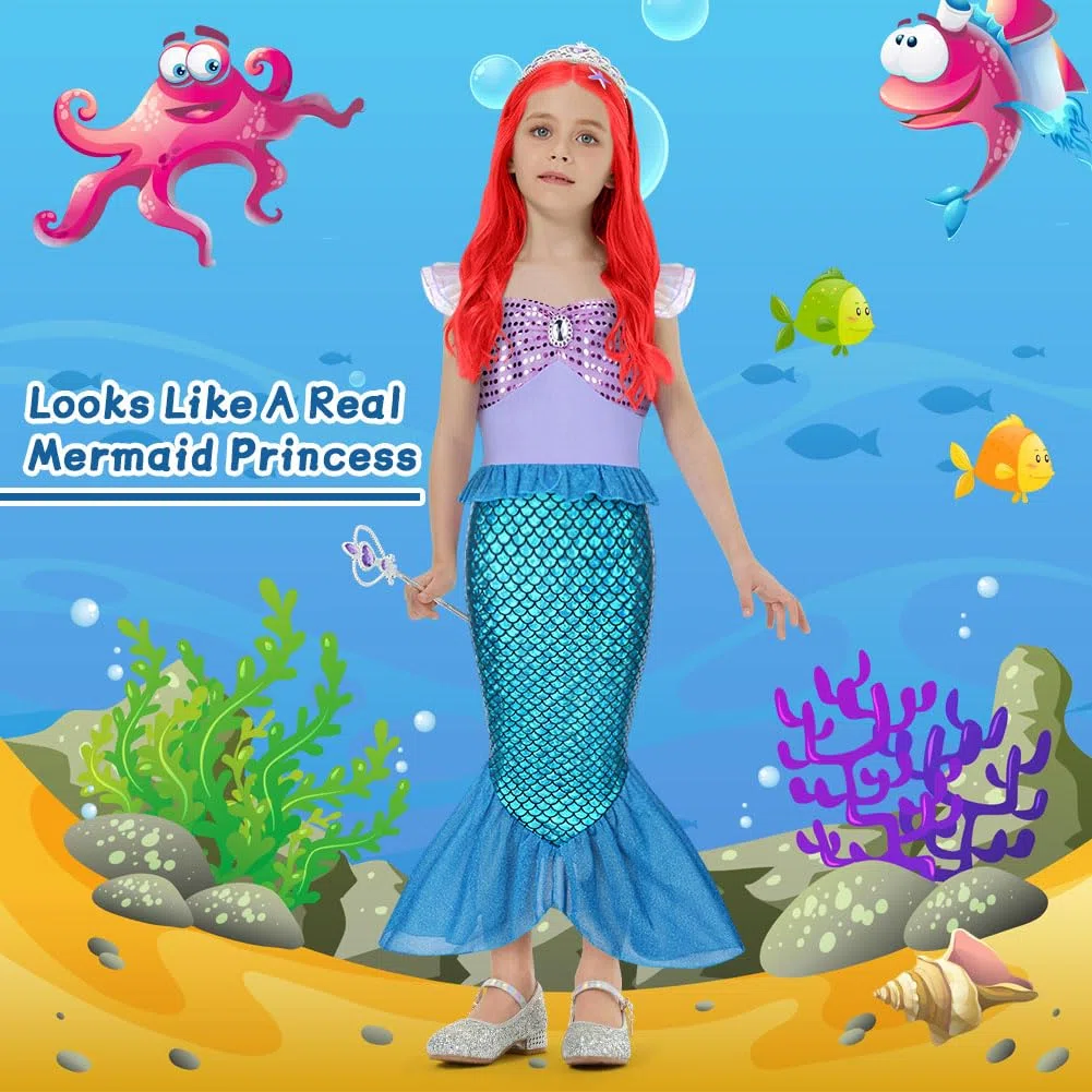 AOOWU Vestito Sirenetta Bambina, Sirena Principessa Vestito Costume con Parrucca, Vestiti Sirenetta Costumi Cosplay Sirena per Halloween, Natale, Cosplay, Compleanno