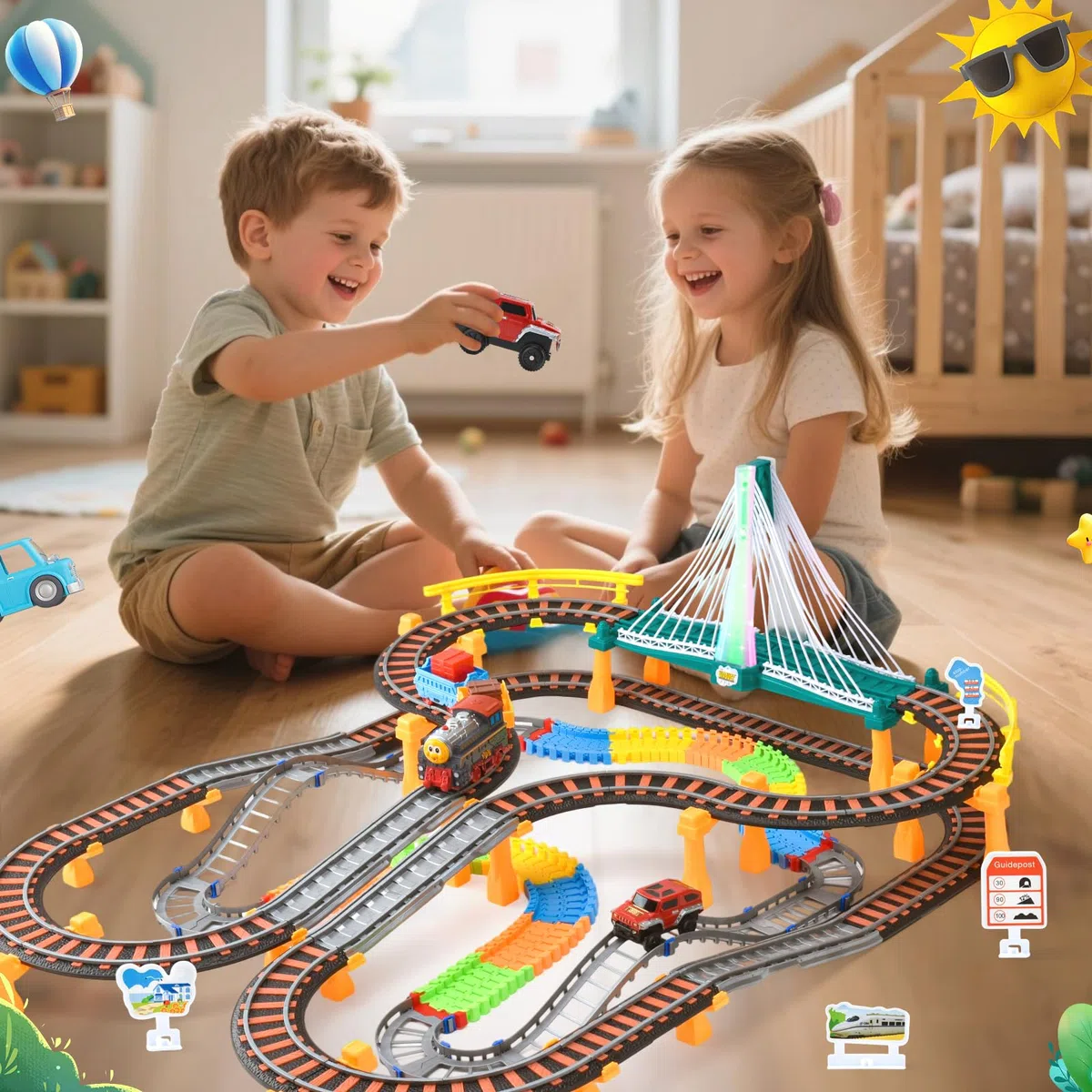 Trenino Elettrico per Bambini, 215 PCS Piste Macchinine per Bambini, Giocattolo Auto Pista Flessibile, Piste per Automobili con Ponte, Regalo Natale Compleanno 3-12 Anni